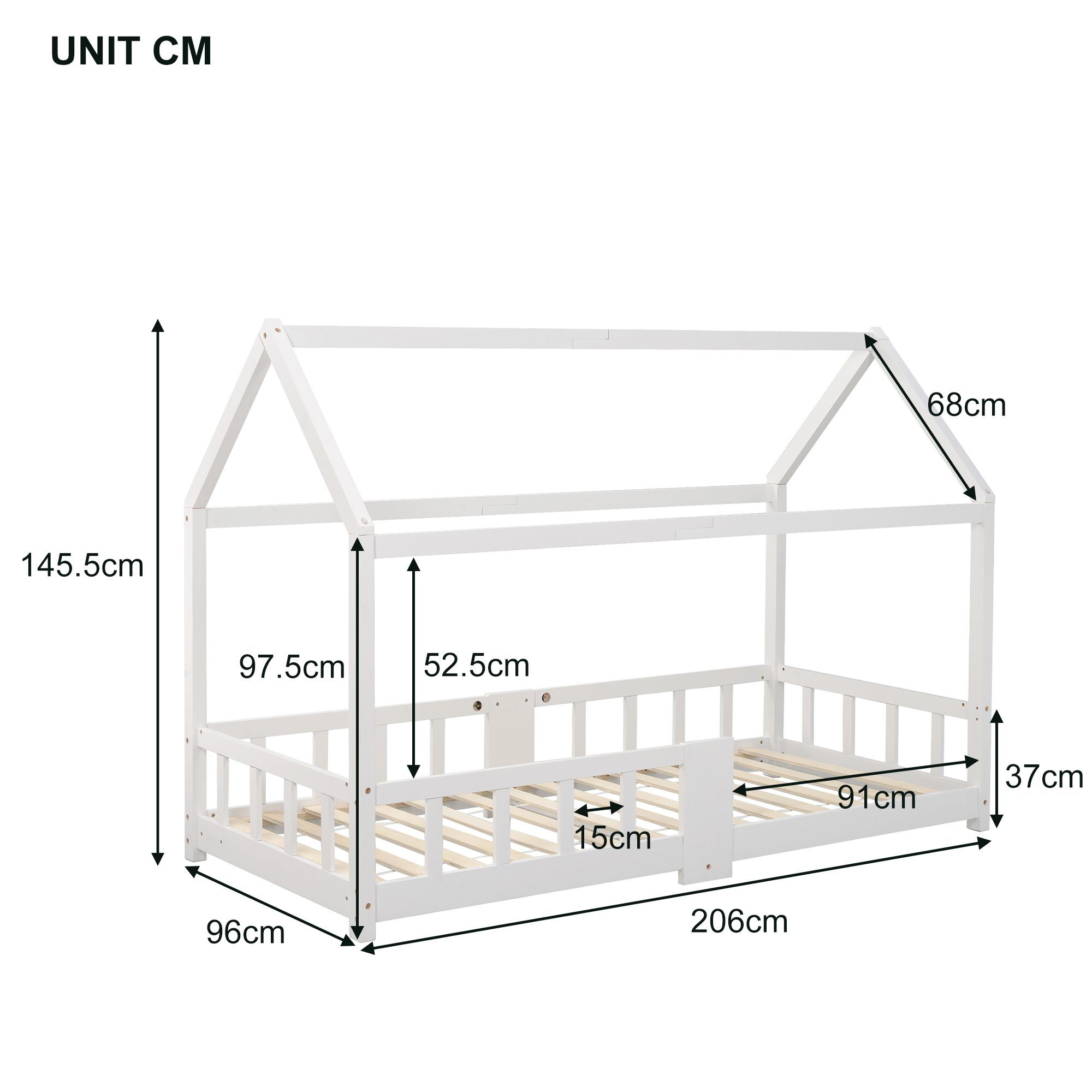 Kinderbett (Hausbett 90x200cm), Kinderbett mit Tafel, Rausfallschutz und Lattenrost, Kiefer