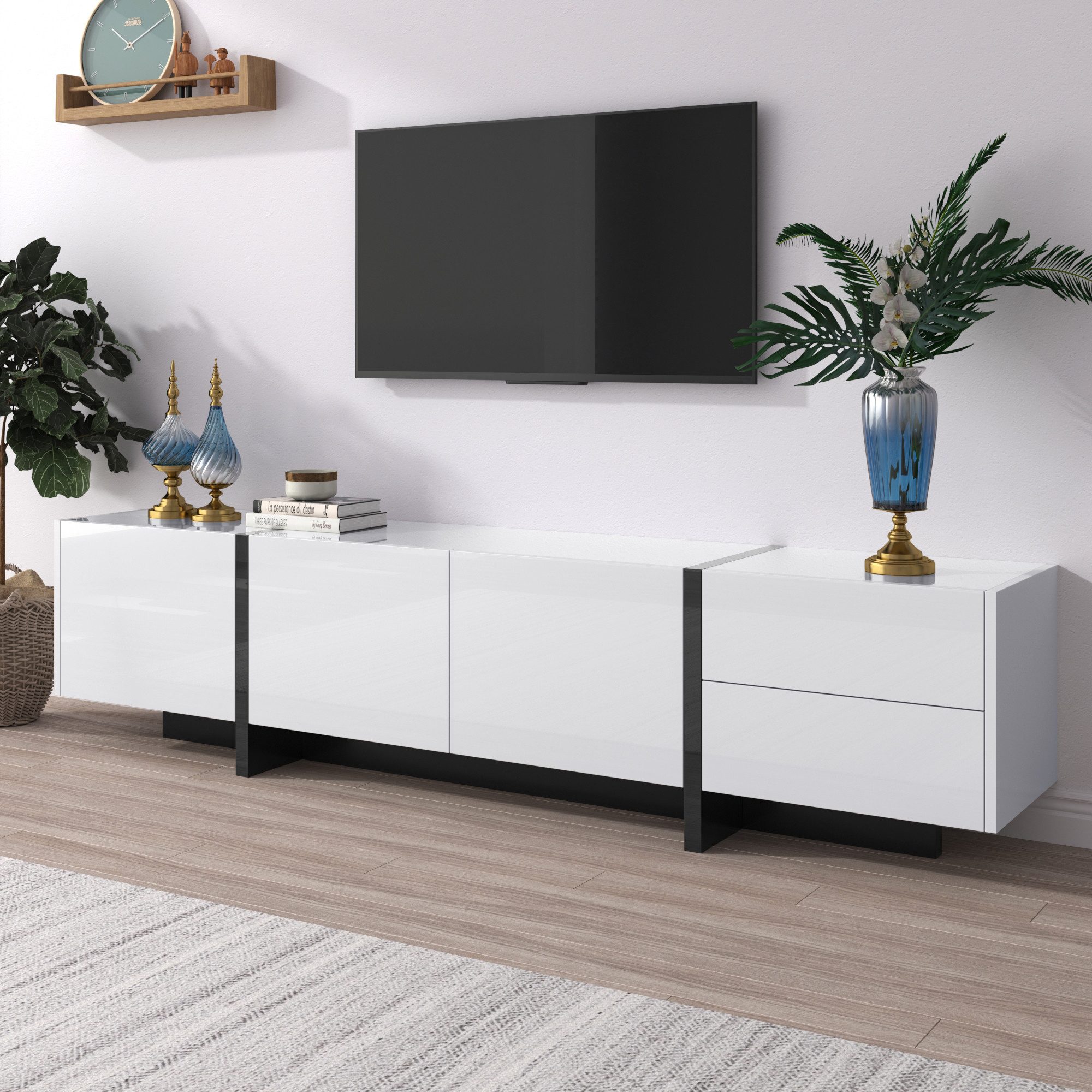 Furnishings Home TV-Schrank Lowboard mit farbblockierten Beinen Hochglanz-Weiß und Schwarz (1-St) Einfaches Liniendesign mit Türen und Schubladen 190 L x 35 B x 45H(cm)