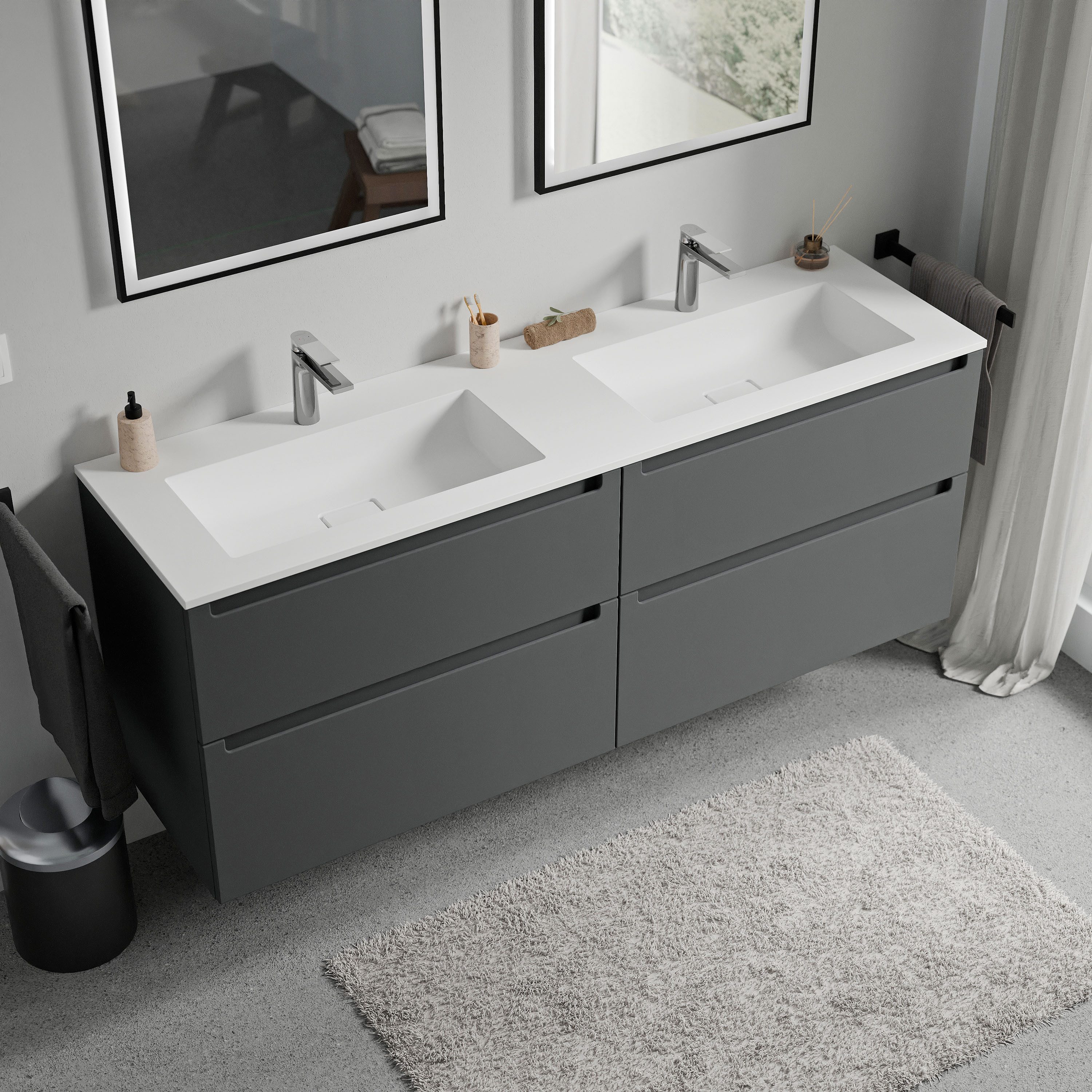 Bernstein Waschbeckenunterschrank VIREO 160cm Anthrazit matt BRUXELLES Weiß matt Waschtischunterschrank mit Doppelwaschbecken 4 Schubladen