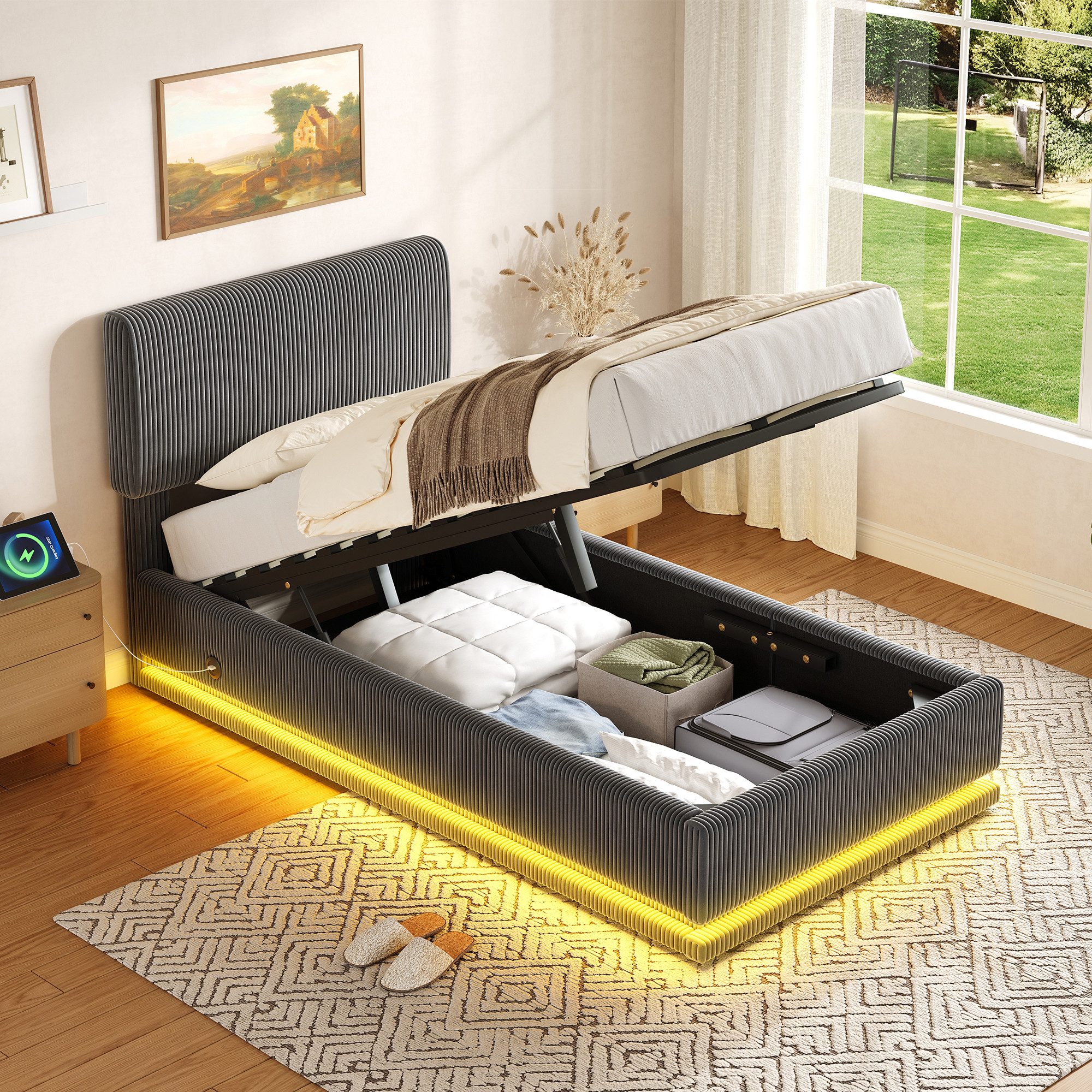 OKWISH Polsterbett Stauraumbett Kinderbett (mit LED-Beleuchtung, USB-C-Ladefunktion und höhenverstellbarem Kopfteil – Cord-Stoff, stabiler Lattenrost und großer Stauraum, 90x200cm), Inklusive Matratze