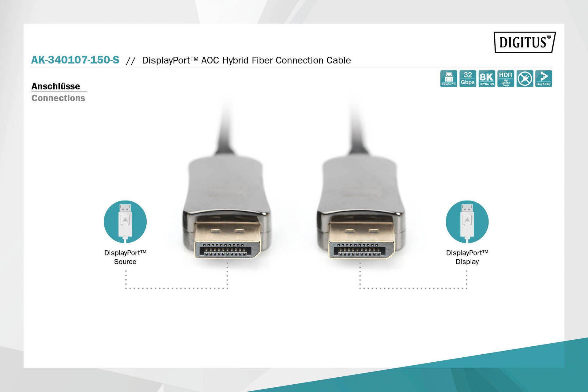 SAT-Kabel, DisplayPort Glasfaserkabel, Digitus (1500 DisplayPort™ Hybrid cm) AOC UHD 8K