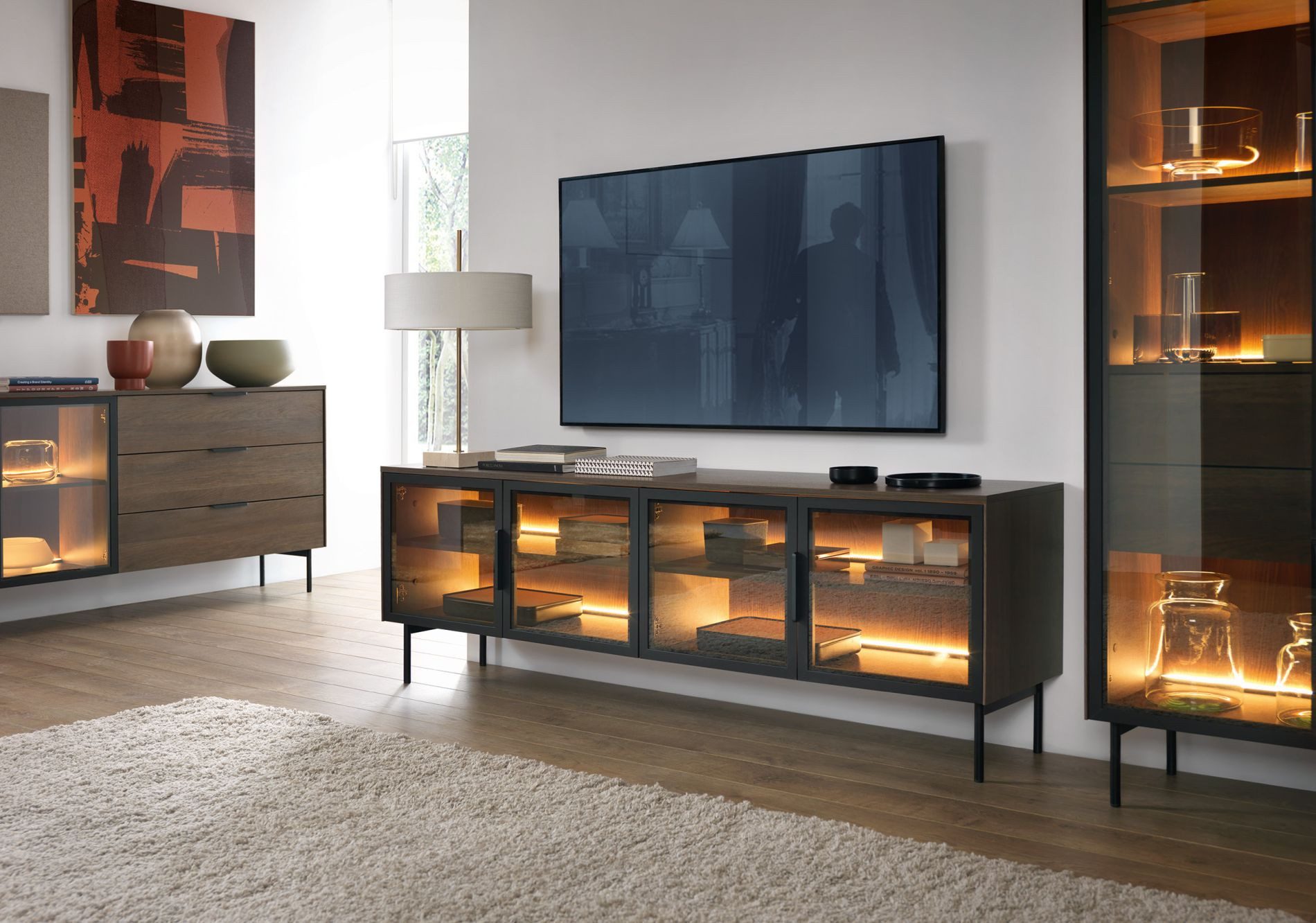 Selsey TV-Schrank LUMI Sideboard Eiche Dunin mit LED & Glasfronten – modernes Design, Fernsehschrank
