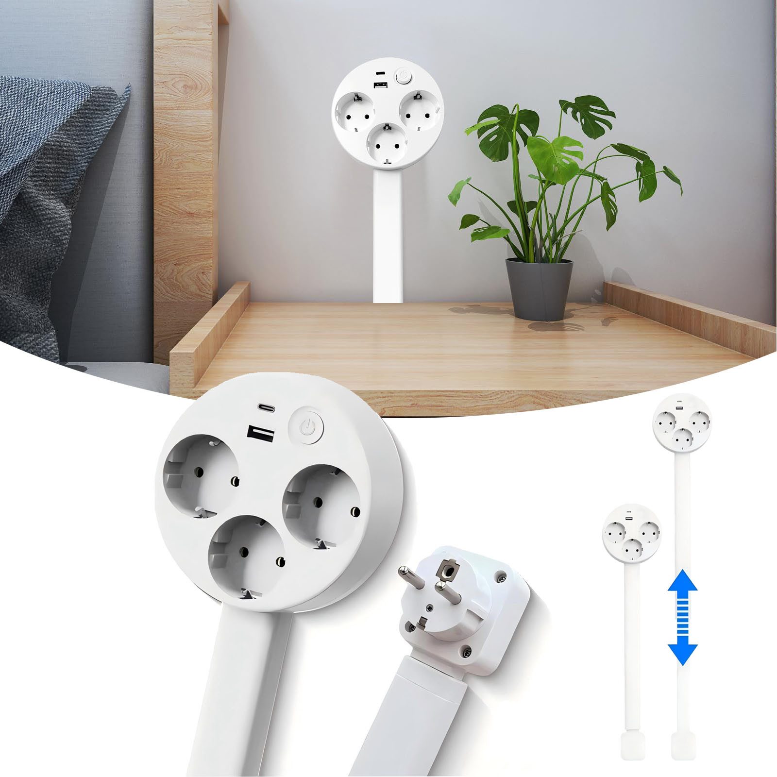 VIVIHEYDAY Steckdose Steckdosen-Verlängerung mit ausziehbarer Verlängerungsstange, (47-67 cm), 360° schwenkbar, 3-Fach Steckdose, 1 USB-A und 1 USB-C, 1-St.
