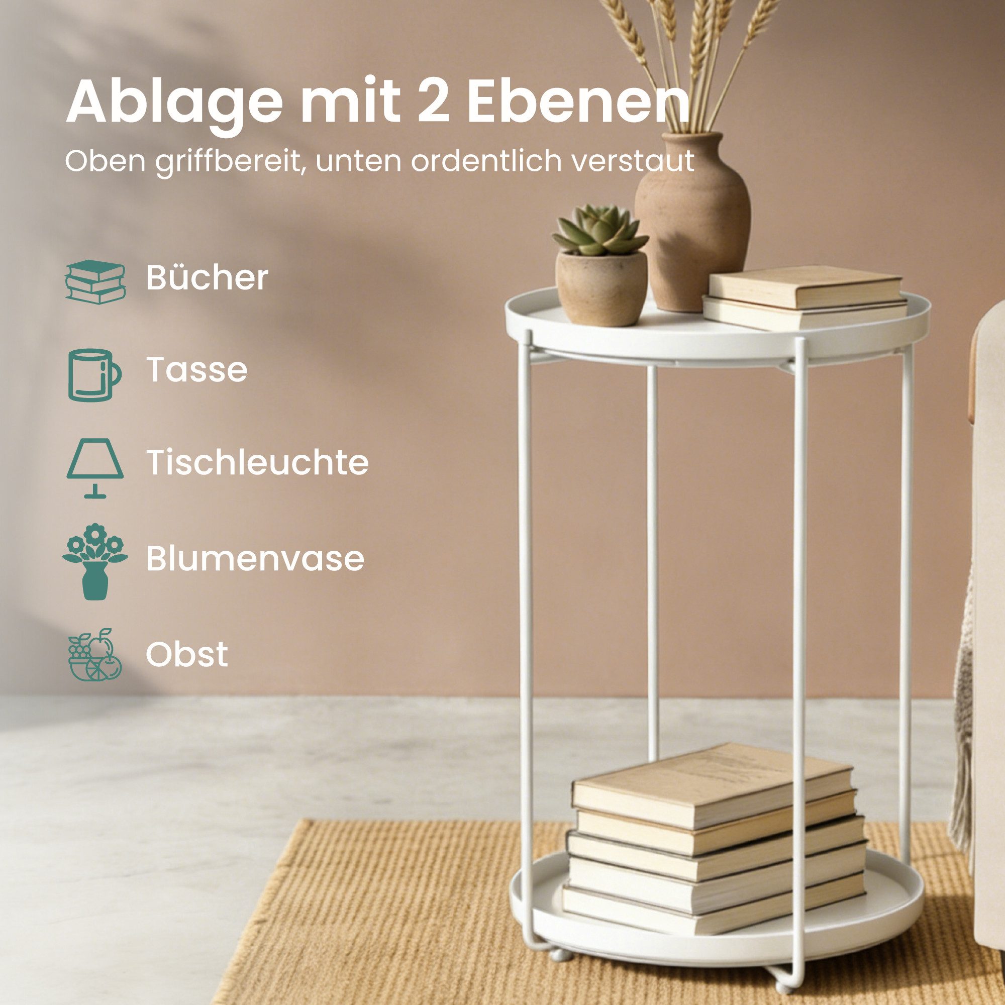 Mai & Mai Beistelltisch Sofatisch mit abnehmbarem Serviertablett vormontiert Reglo-08 (2-St), X-förmige Konstruktion,Tablett aus Papierkordel oder Kunststoff – Bild 4 von 5