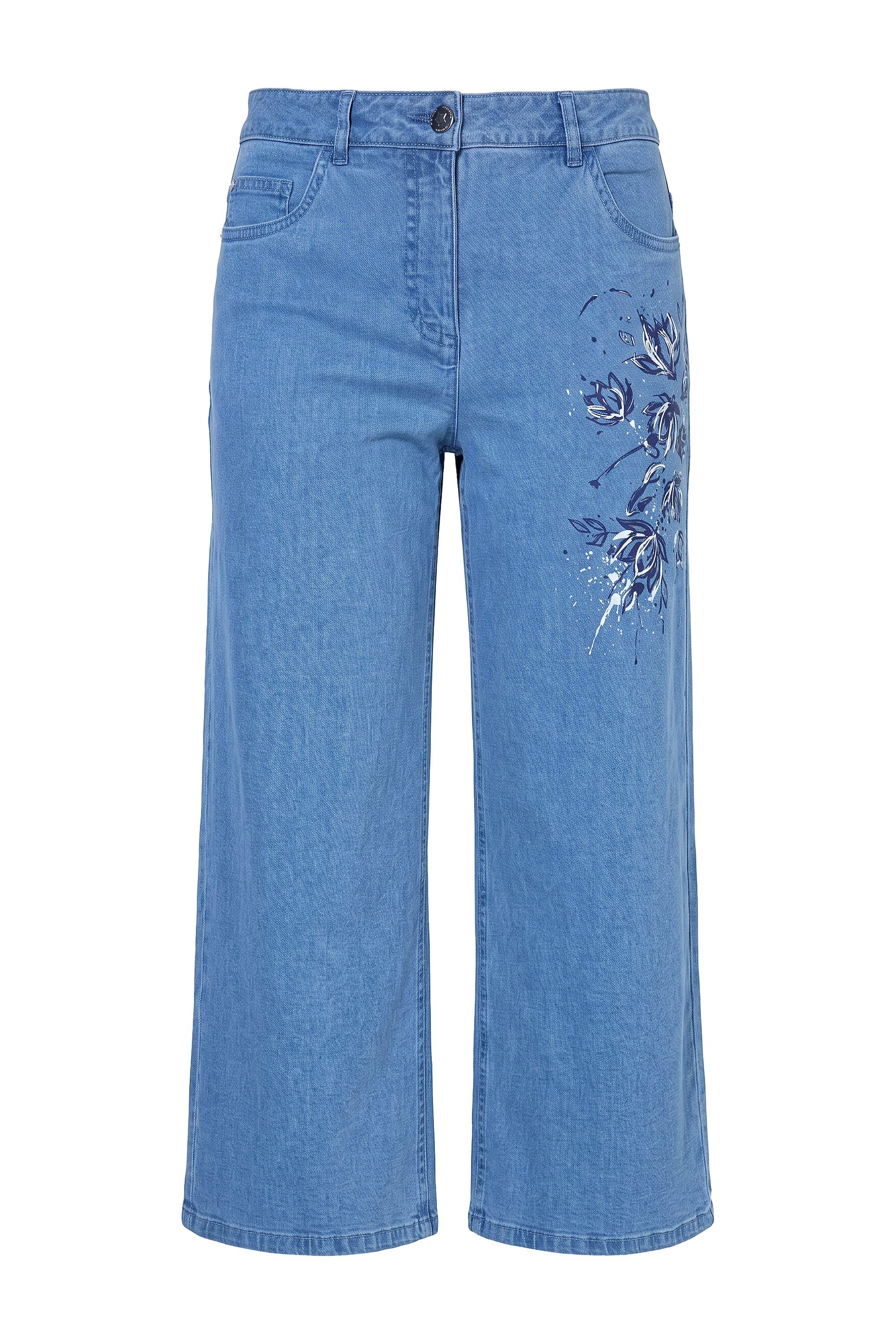 Regular-fit-Jeans Jeans-Culotte weites Bein Blumen-Motiv 5-Pocket
