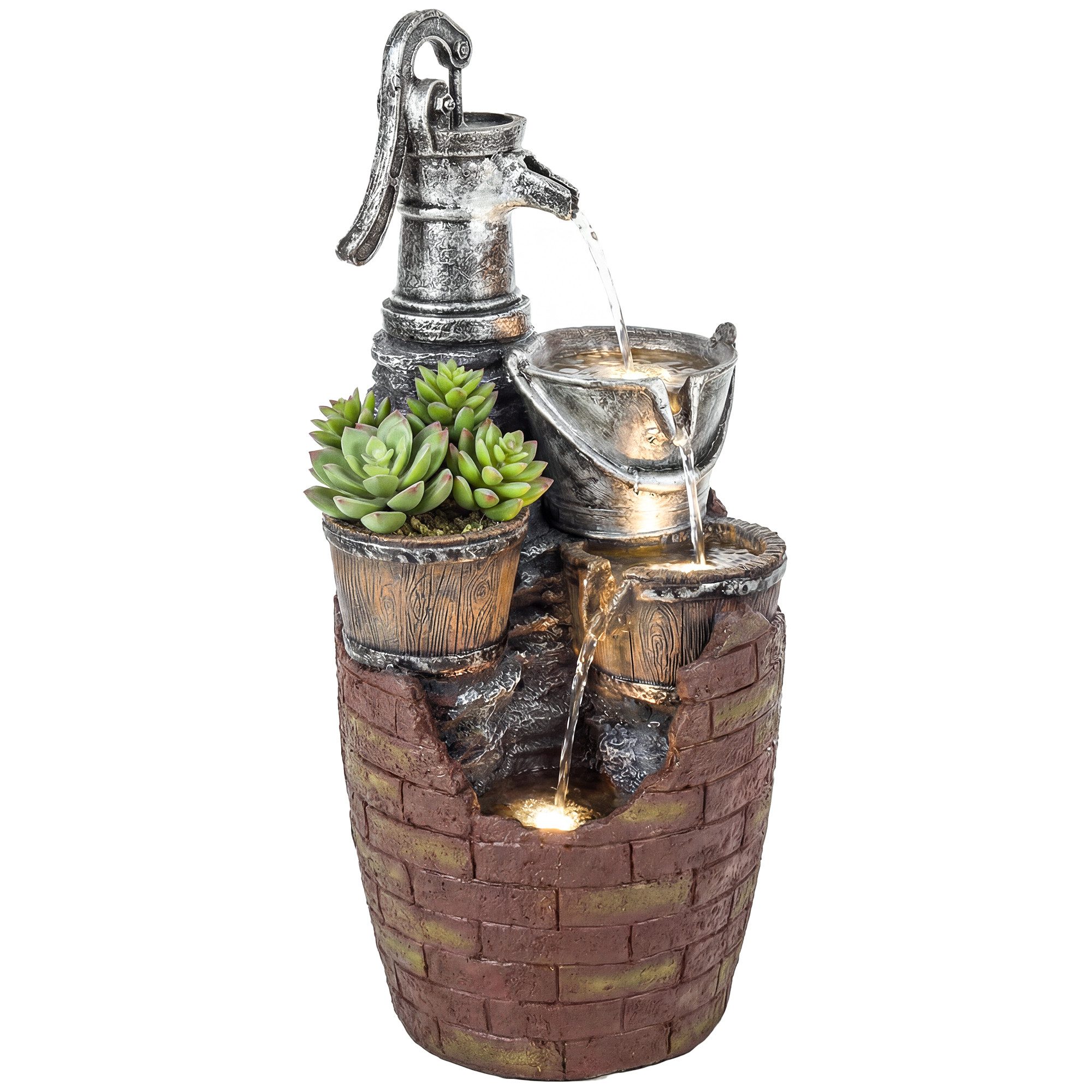Outsunny Gartenbrunnen mit LED Beleuchtung, Pflanzkübel, Pumpe, 34 cm Breite, Wasserbecken BxT: 31x31 cm, (Springbrunnen, 1 tlg., Zimmerbrunnen), für Garten Rasen 34 x 31 x 76 cm