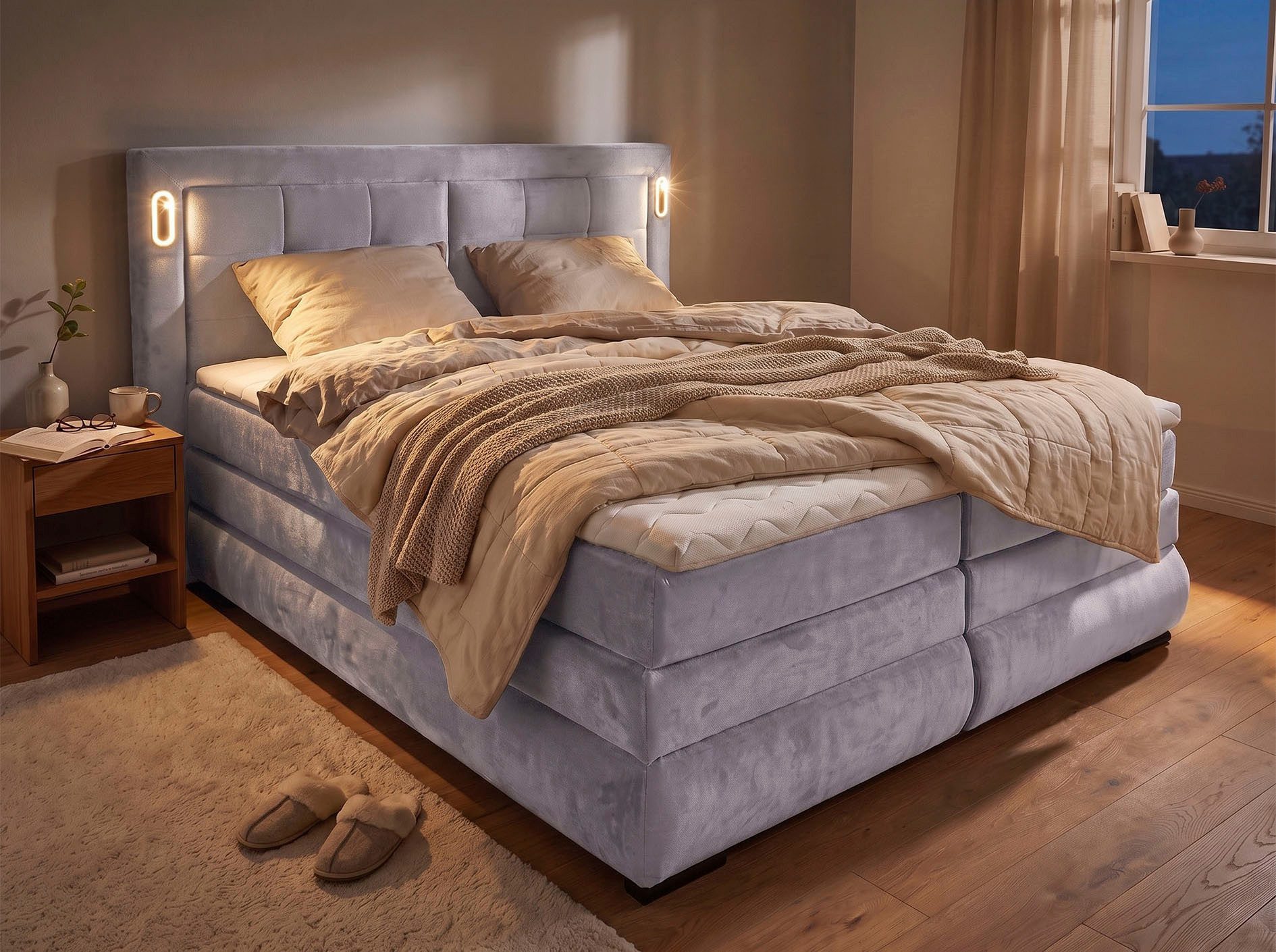 OTTO home Boxspringbett MIVVA mit Bettkasten, mit Taschenfederkernmatratze H3, H3/H4 mix, H4 (mit hochwertigem Luxus-Microfaser-Stoff, wahlweise mit LED-Leuchte – Bild 2 von 5