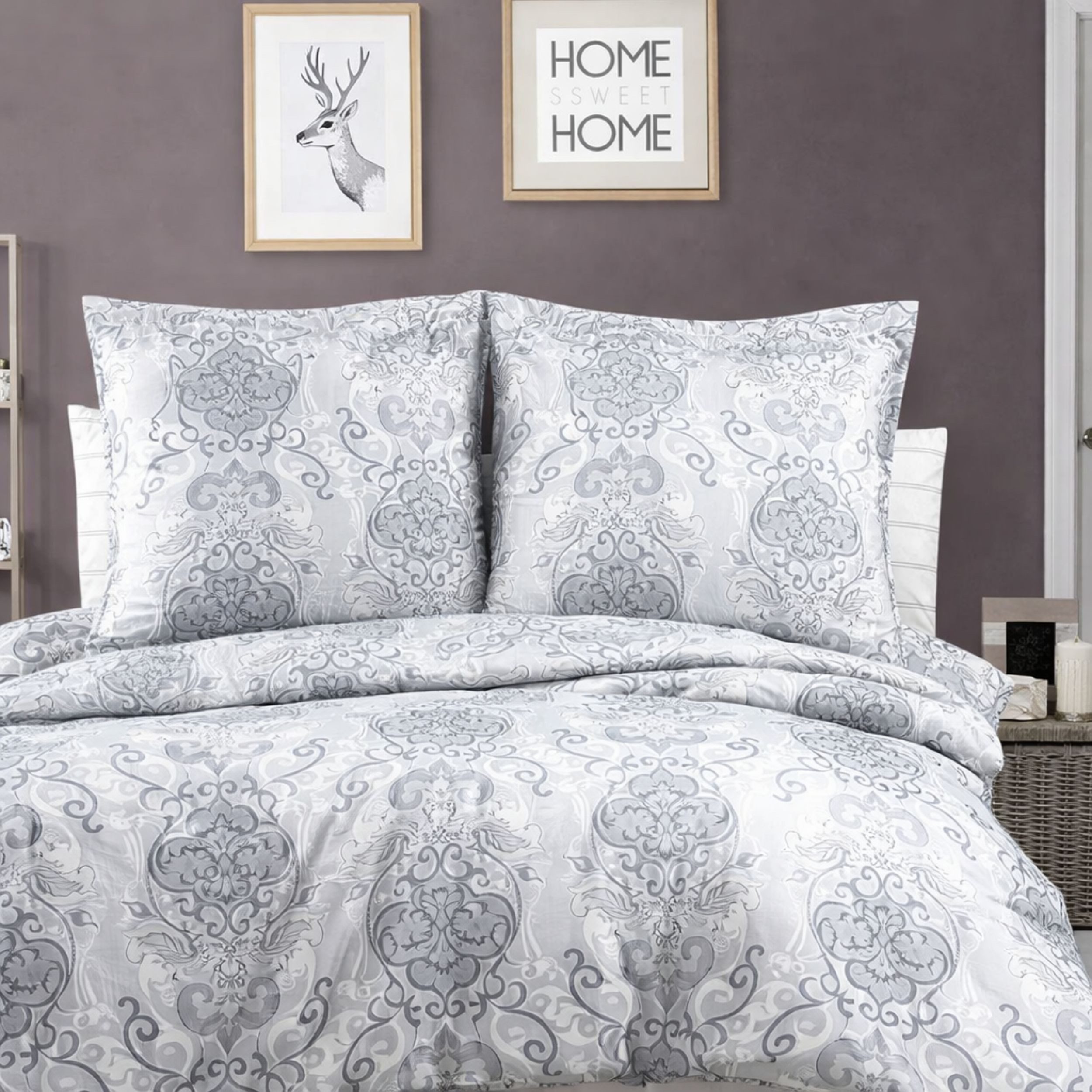 ZIRVEHOME Bettwäsche Baumwolle Bettbezug Grau-Weiß Ornamental Elegantes Barockmuster Daria, Renforce, 2 teilig, Baumwolle Bettbezug Grau-Weiß Ornamental Elegantes Barockmuster
