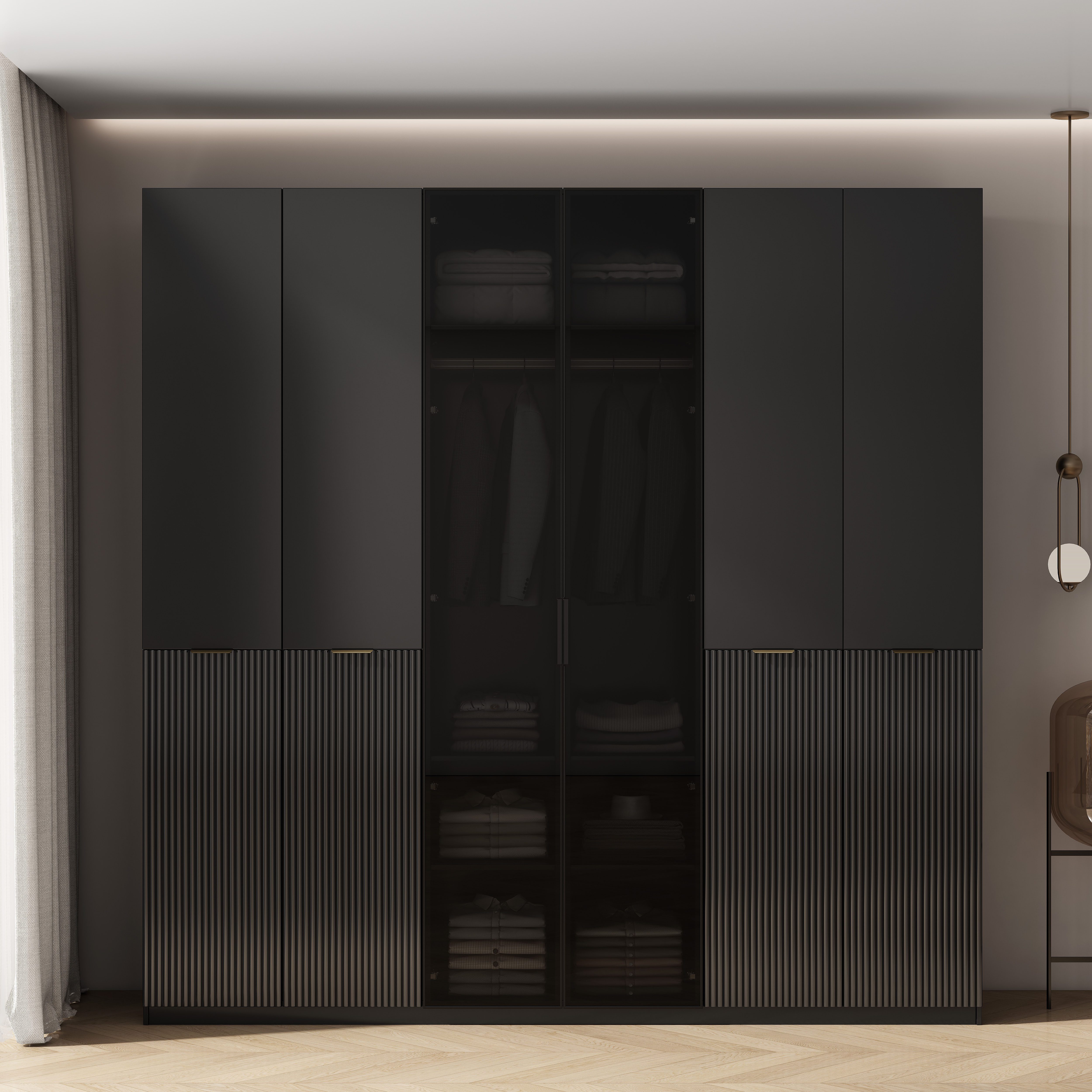 OTTO home Kleiderschrank Jorella Schlafzimmerschrank Garderobe mit Softclose Türen Glastüren (moderner Schrank mit Premium Ausstattung und Glaselementen) eleganter Schlafzimmerschrank Rillendesign Trend Breite 241cm Grauglas