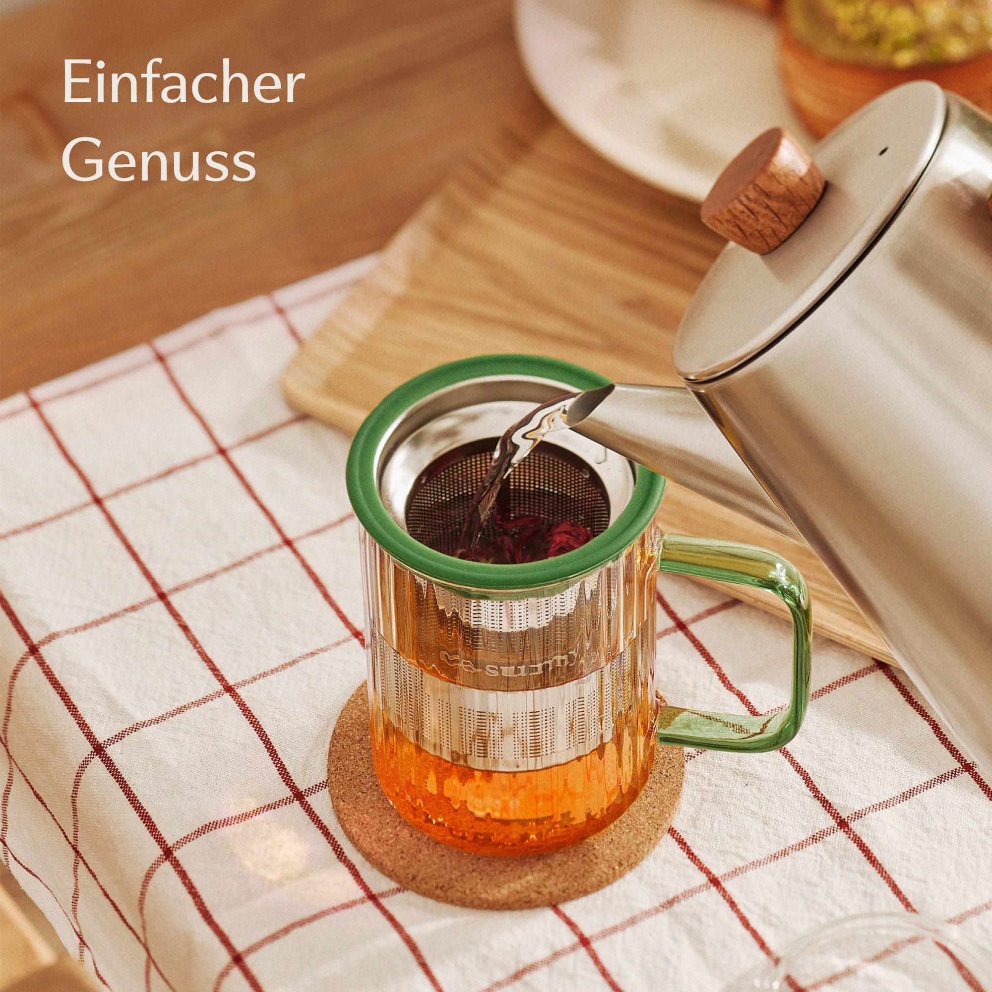 Cosumy Teeglas Teetasse mit Deckel und Sieb 450ml Grün, 1-tlg., Borosilikatglas, Edelstahl, Kork, Edelstahlfilter – Bild 3 von 5
