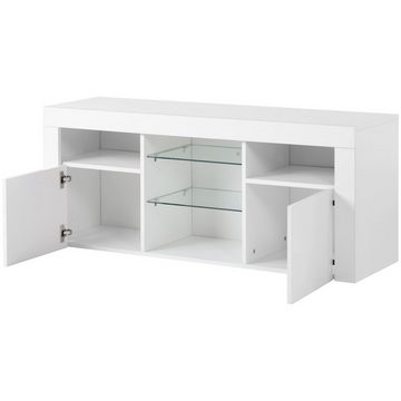 OKWISH TV-Schrank TV-Tisch, TV-Ständer mit 2 Schränken mit Türen und 5 offenen Regalen (Hochglanz-TV-Schrank Einstellbares LED-System, weiß 120*35*50cm Multifunktionale Aufbewahrung) TV-Möbel für bis zu 55 Zoll Fernseher