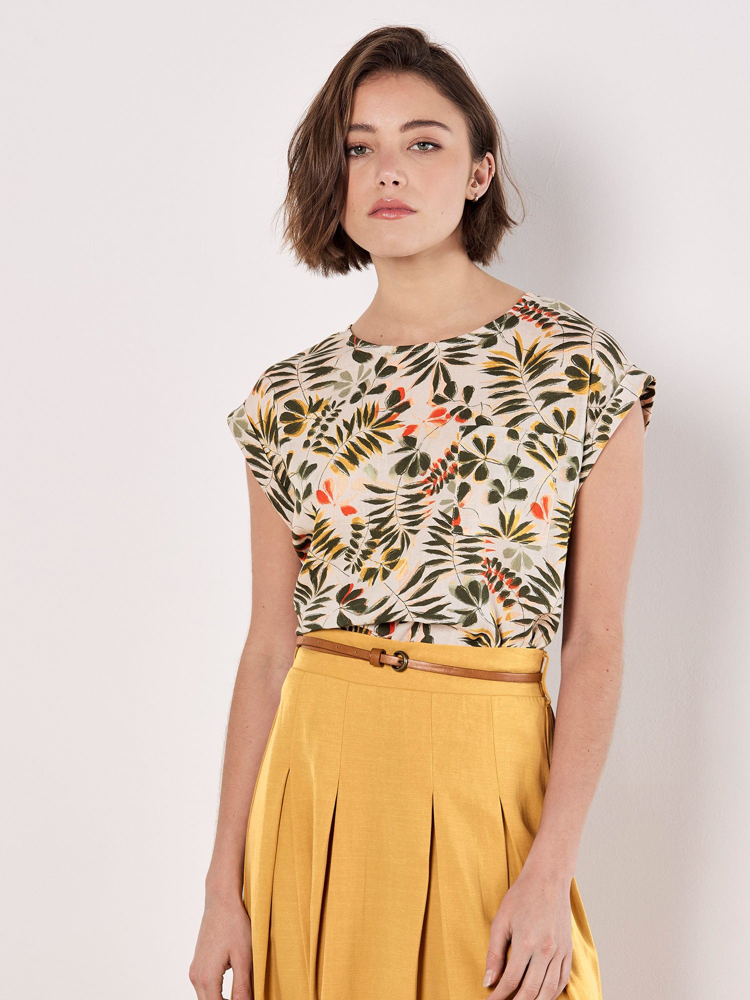 Apricot T-Shirt Top mit Blattdruck, mit günstig online kaufen
