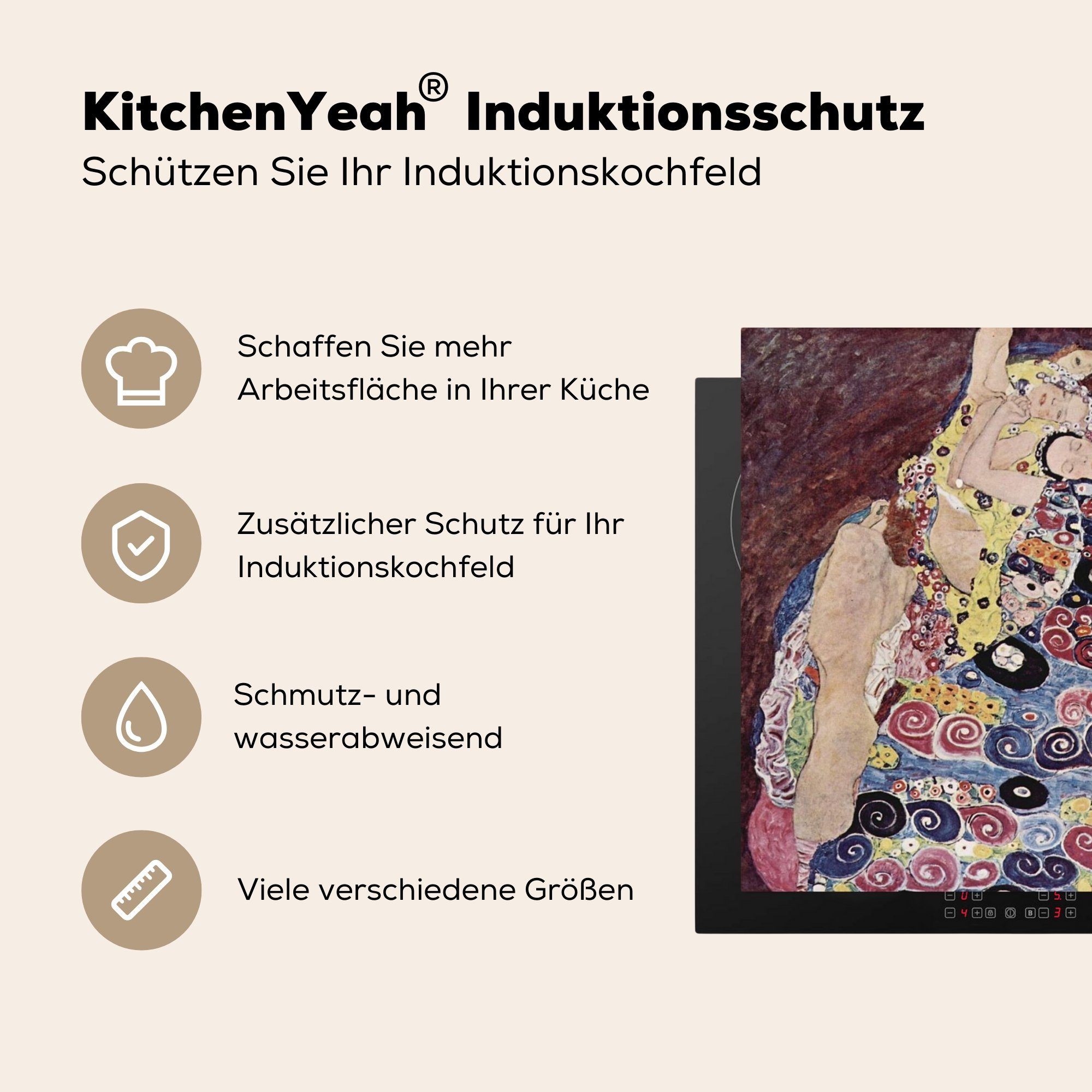 MuchoWow Ceranfeldabdeckung (1 cm, Klimt, Herdblende-/Abdeckplatte tlg), die Die für küche, Gustav Jungfrau - Vinyl, Induktionsmatte 59x52