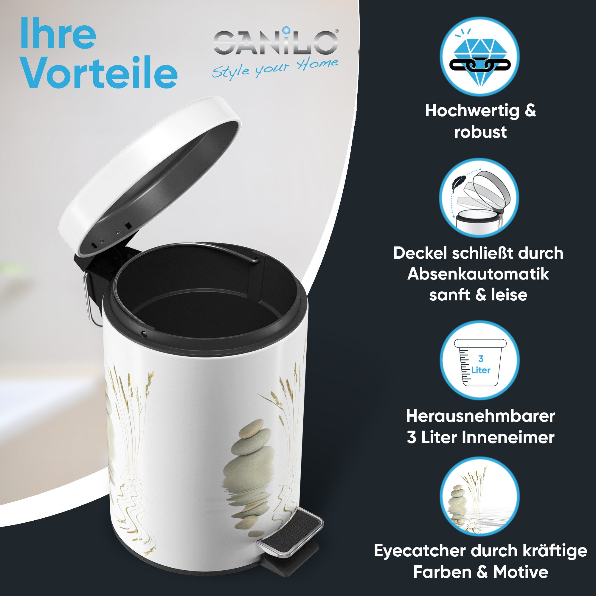 Sanilo Kosmetikeimer mit Motiv, viele schöne Bad Mülleimer zur Auswahl, 3 Liter, Abfalleimer mit Absenkautomatik & Innenbehälter