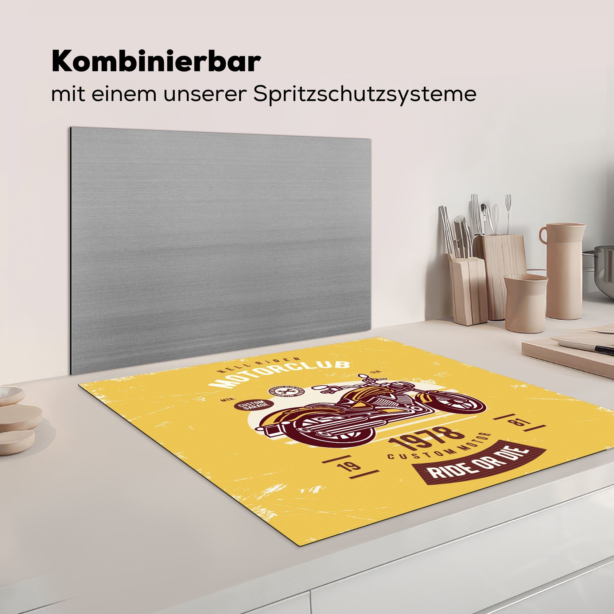 Herdblende-/Abdeckplatte - Retro, Motorrad Arbeitsplatte Gelb für cm, Vinyl, 78x78 tlg), Ceranfeldabdeckung, - küche (1 MuchoWow