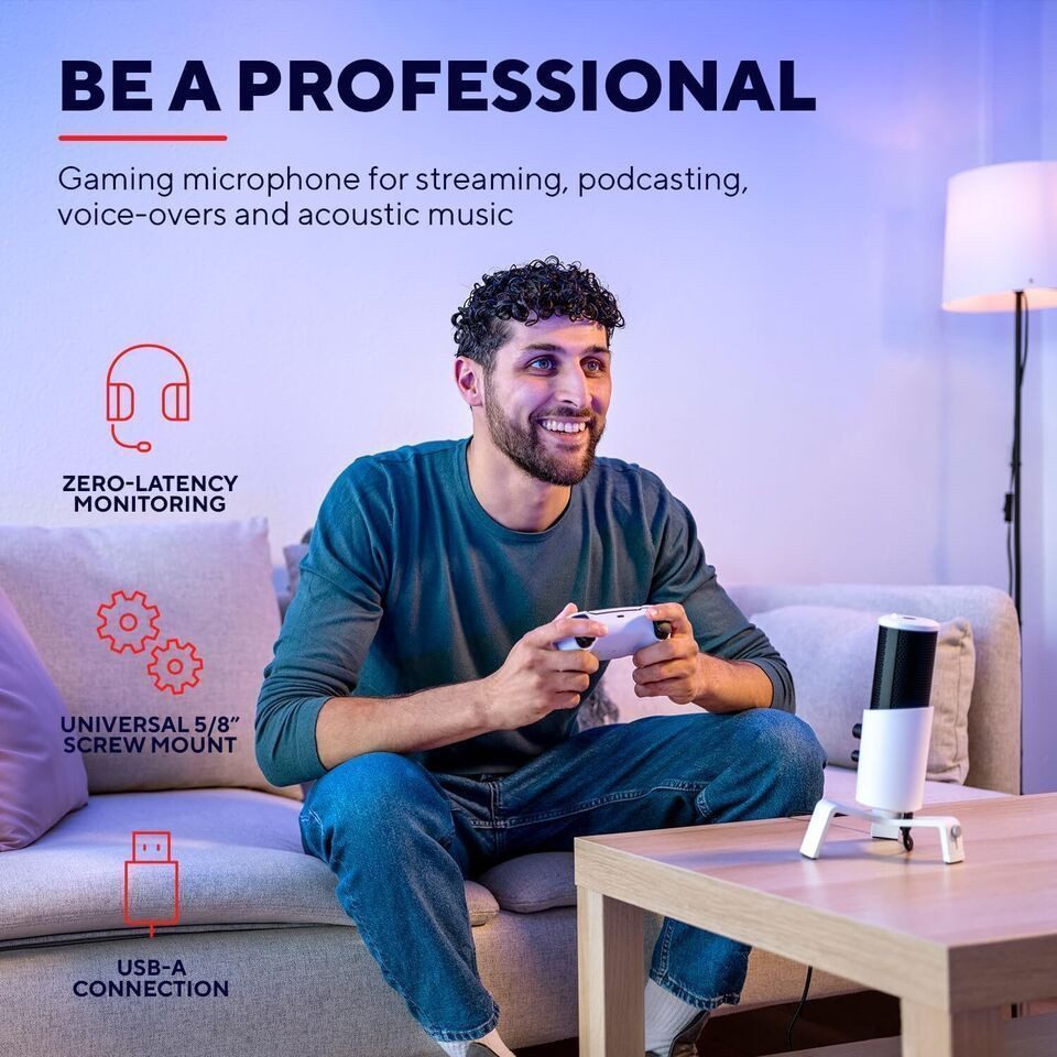 Trust Streaming-Mikrofon Gaming GXT 258W Fyru 4-in-1 USB LED-Beleuchtung Mikrofon Weiß (1-tlg), Omnidirektional, Dämpferfunktion, Universeller 5/8 Zoll-Schraubadapter