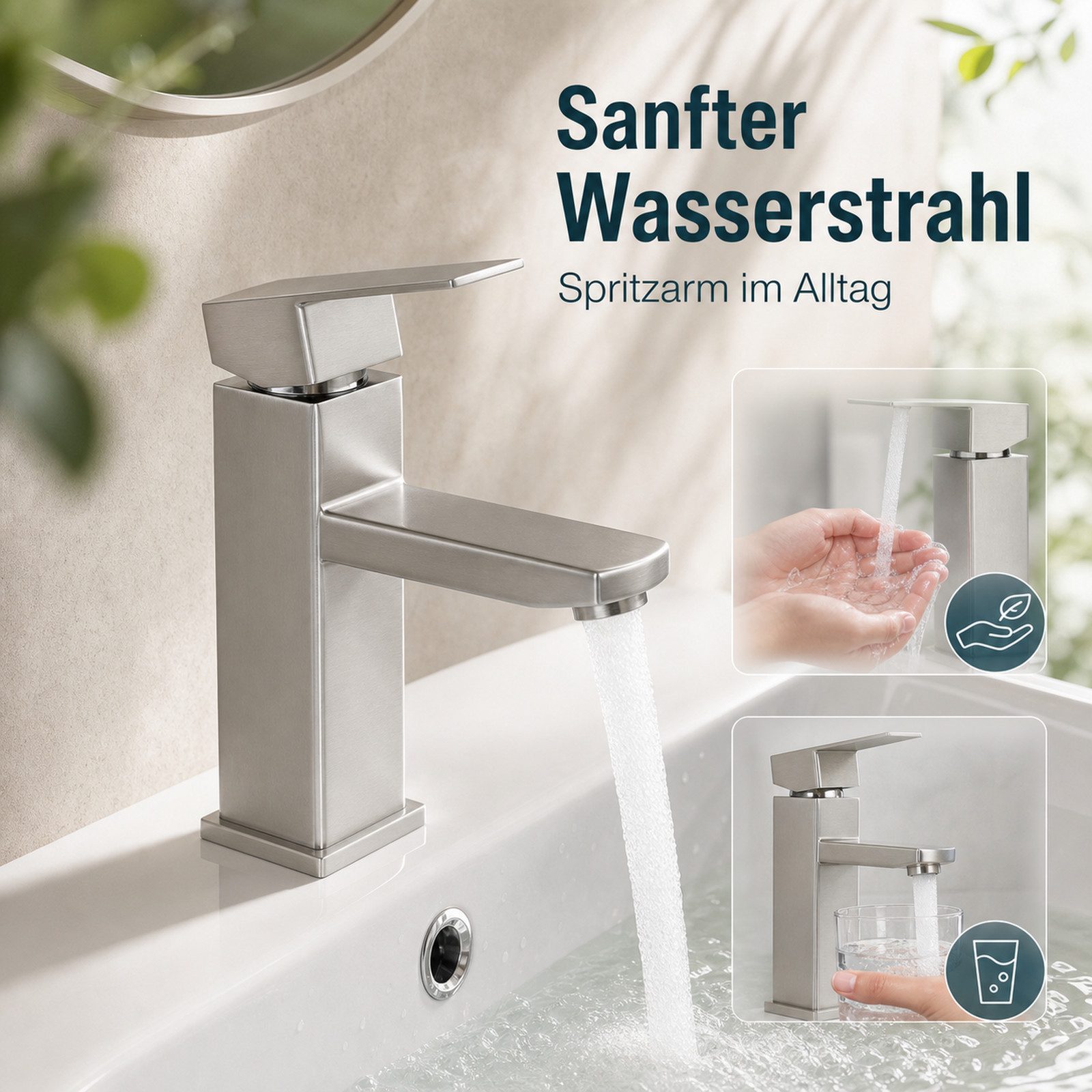 Ledklang Waschtischarmatur Spülbecken Silber/Schwarz Hochdruck Mischbatterie Hochdruck-Armatur aus Edelstahl für Waschbecken & Bad – Bild 2 von 5