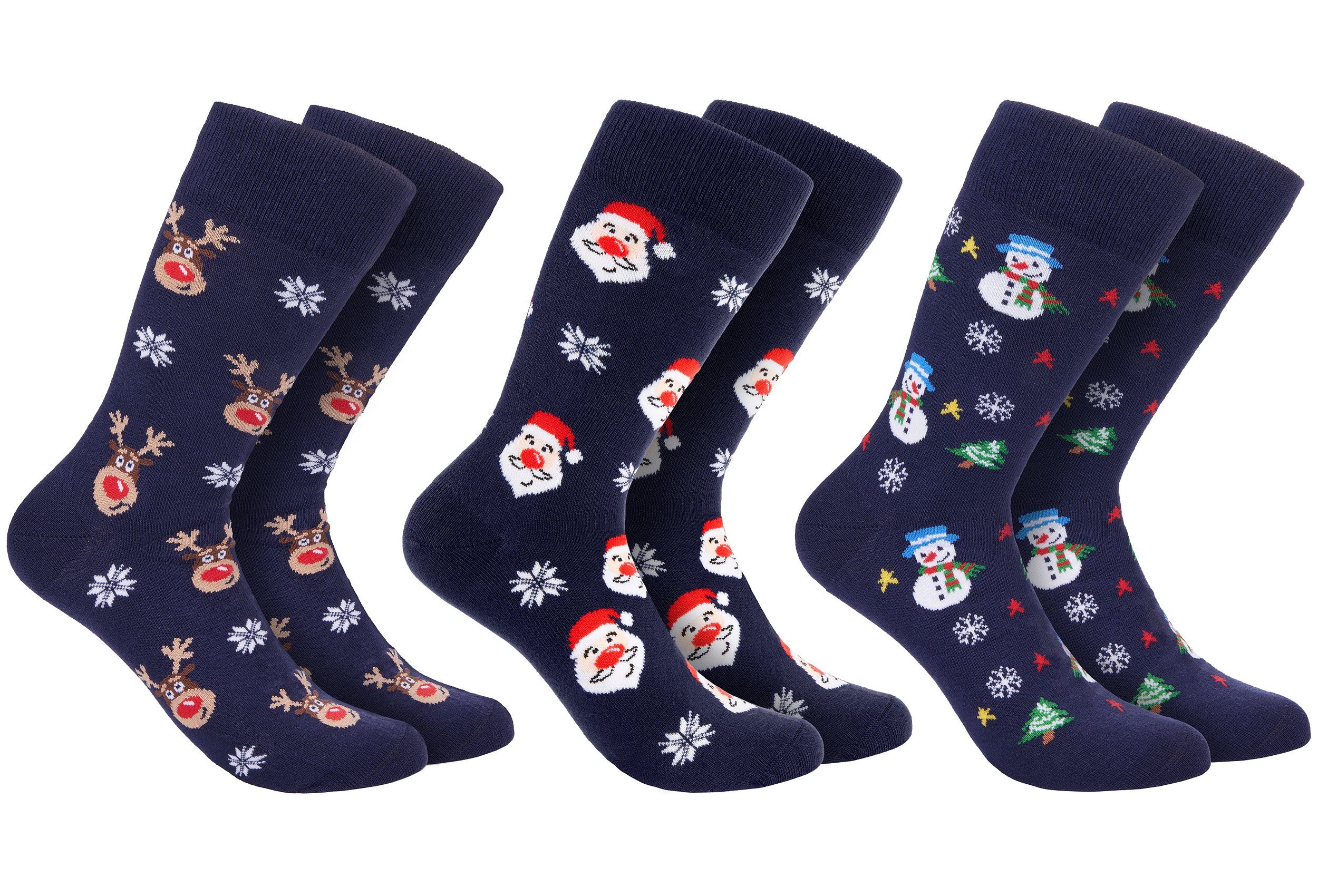 BRUBAKER Socken Herren Weihnachtssocken - Lustige Socken mit  Weihnachtsmotiven (Schneemann, Rentier und Weihnachtsmann, 3-Paar, One Size  41-45) Baumwolle Blau - Männer Geschenk Weihnachten