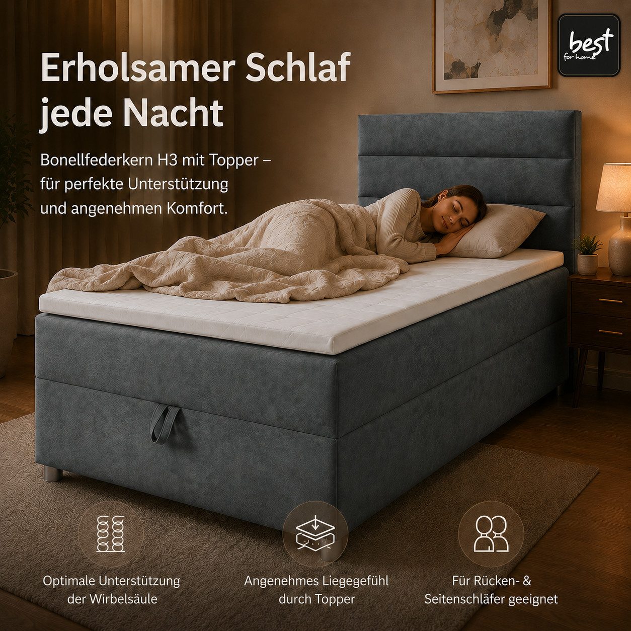 Best for Home Boxspringbett Trinity K-4 Single 5cm Topper Bonell Bettkasten (Einzelbett, Polsterbett mit gepolstertes Kopfteil, Jugendbett, Kinderbett versch. Größen, 1-St., 70x200 80x200 90x200 100x200 cm), Stauraum; ergonomischer Schlafkomfort; modernes Design
