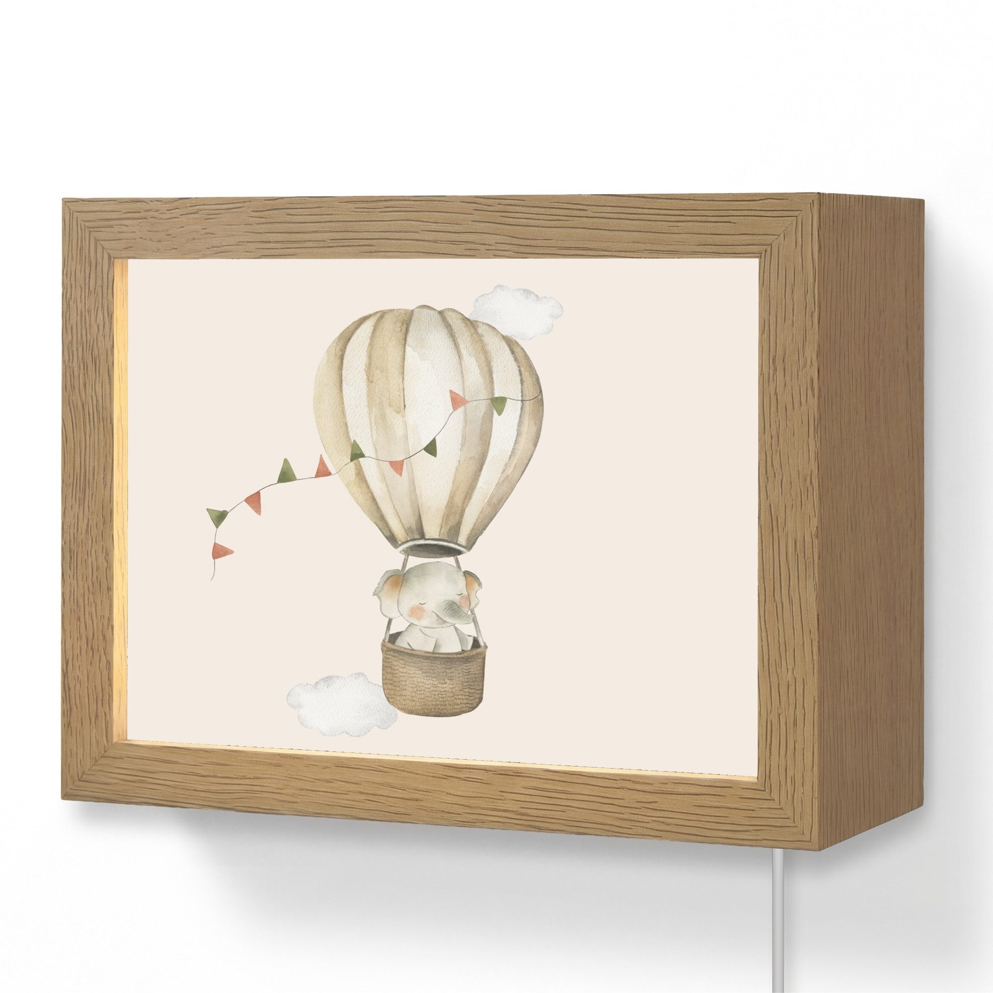 OnlyWow Wandleuchte Lightbox Heißluftballon - Elefant - Aquarell - Beige - Tiere - Mädchen, Dimmbar, Farbwechsel, LED, Warmweiß, Kaltweiß, Neutralweiß Einstellbar, Wandlampe Innen, Dimmbar, mit Kabel, LED, Modern, Kinder