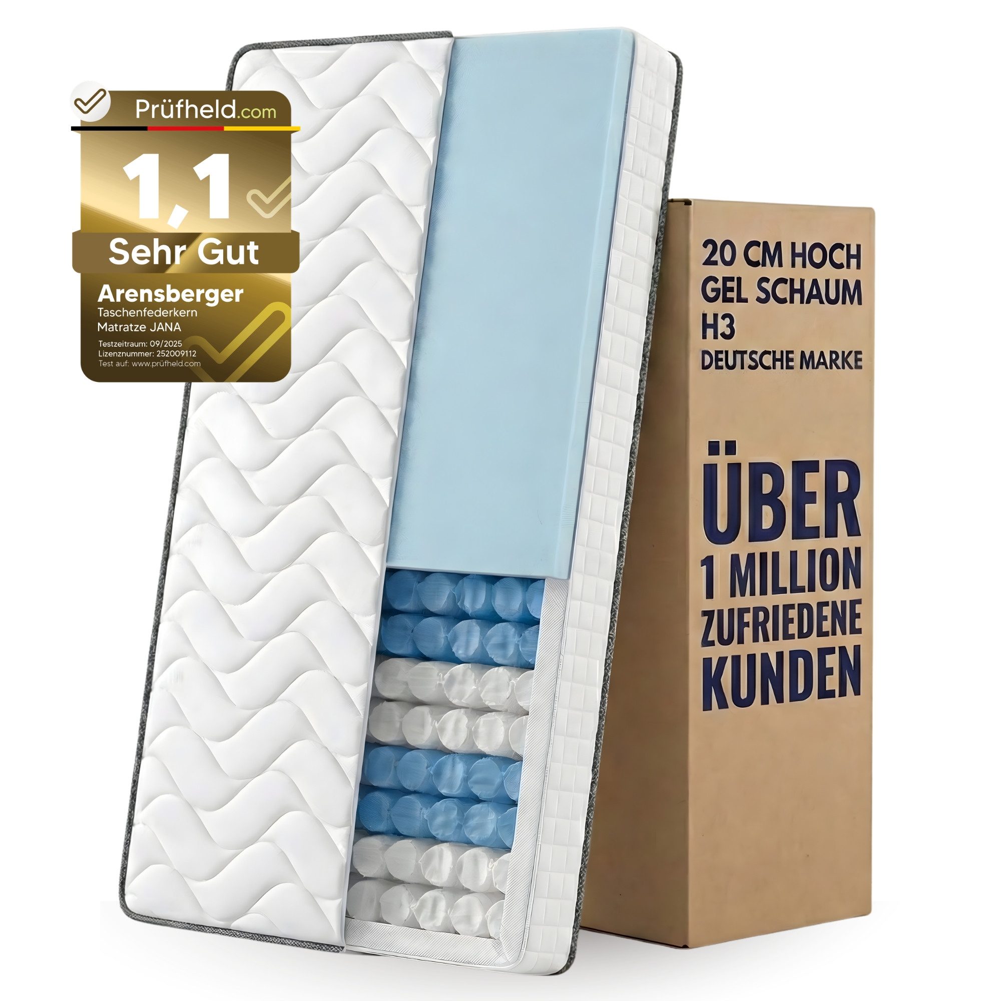 Taschenfederkernmatratze Matratze JANA, 20cm hoch, Taschen Federkernmatratze H3 Mittelfest, Arensberger, 20 cm hoch, (90x200cm), Taschenfederkernmatratze mit Gelschaum, Rollmatratze 90x200cm