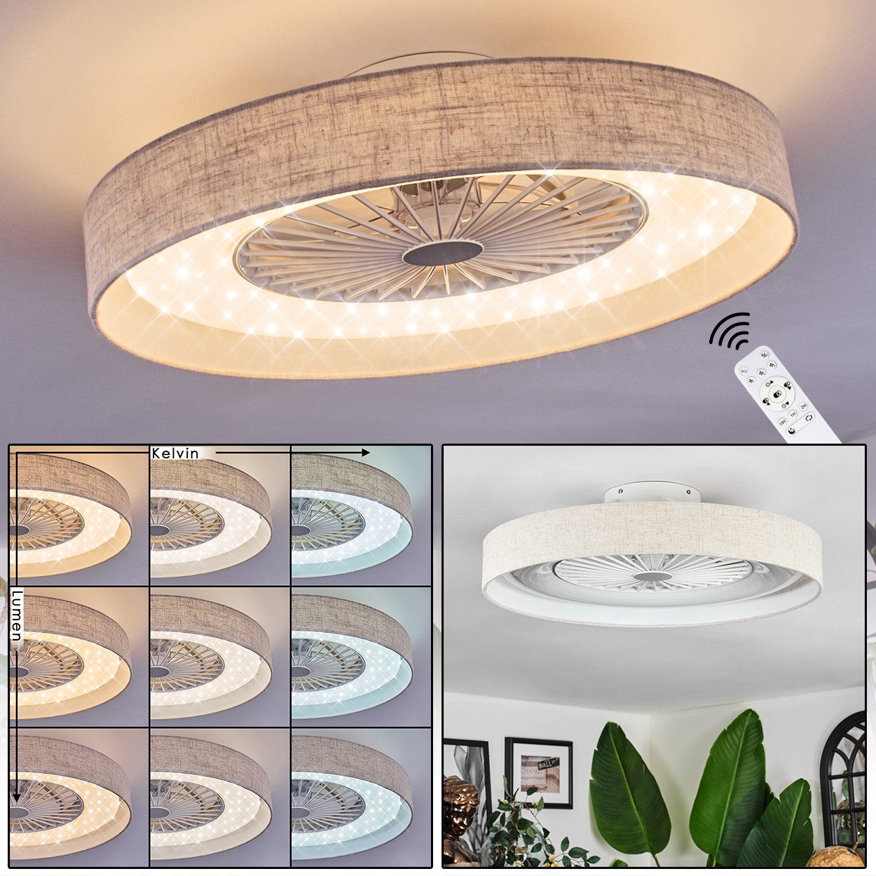 hofstein Deckenventilator Ventilator aus Kunststoff/Stoff in Weiß/Glitzereffekt/Beige, moderne Deckenleuchte, Ø 55cm, Fernbedienung, Kelvin einstellbar, CCT