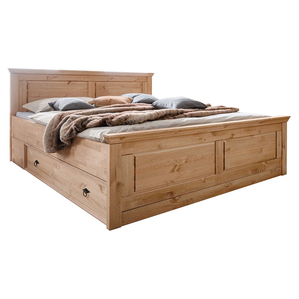 Lomadox Bettgestell STEINKJER-69, mit Bettschubladen in Kiefer massiv, eichefarbig geölt, 180x200cm