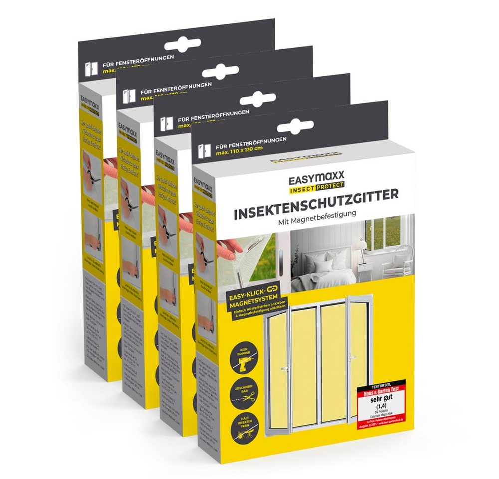 EASYmaxx Insektenschutz-Fensterrahmen Insektenschutzgitter 110 x 130 cm mit Magnetbefestigung, 4er Set, (4-St), Schutz gegen Mücken, Fliegen, Wespen etc. magnetisch leicht anbringbar