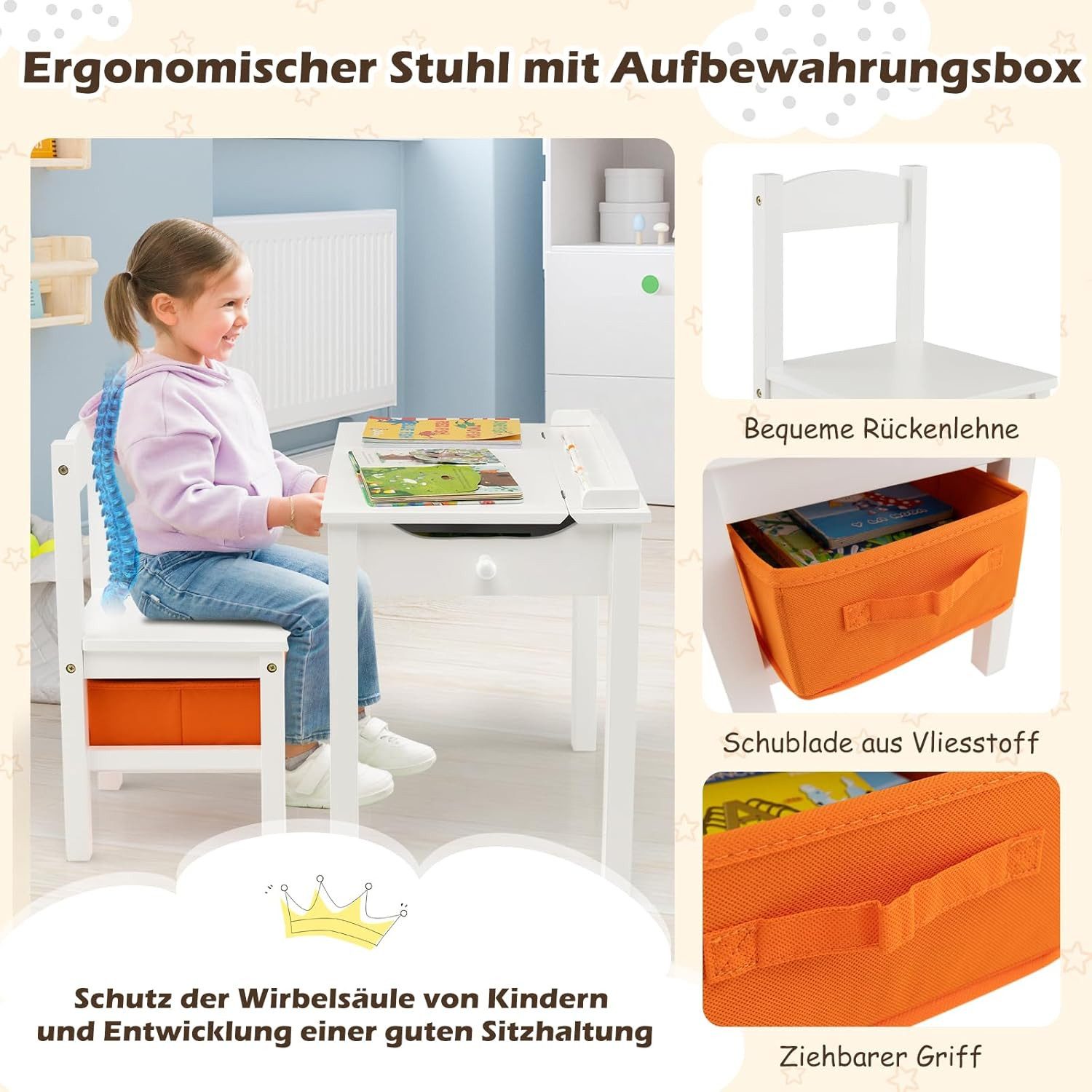 KOMFOTTEU Kindertisch, mit Stuhl, aufklappbarer Tischplatte & Sicherheitsgelenk & Haken