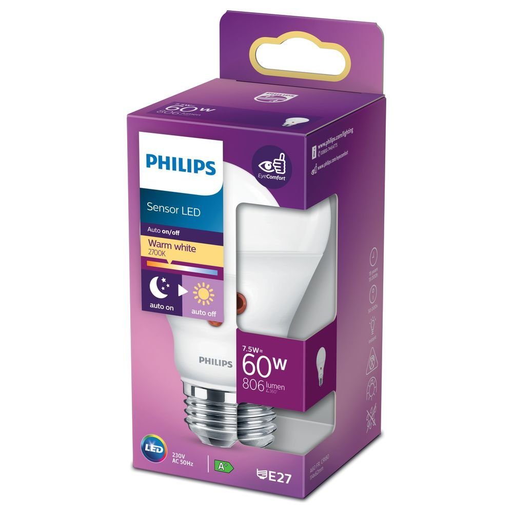 Philips warmweiss Dämmerungssensor 60W, LED LED-Leuchtmittel mit n.v, Lampe E27, ersetzt