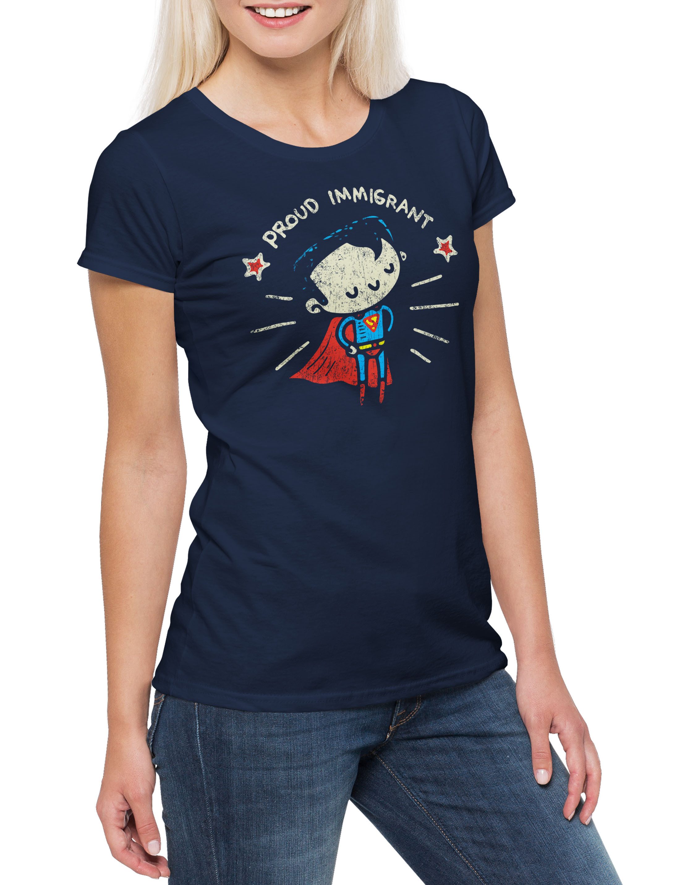 Print-Shirt Proud Immigrant Damen T-Shirt Super Refugee Einwanderer Man Flüchtling