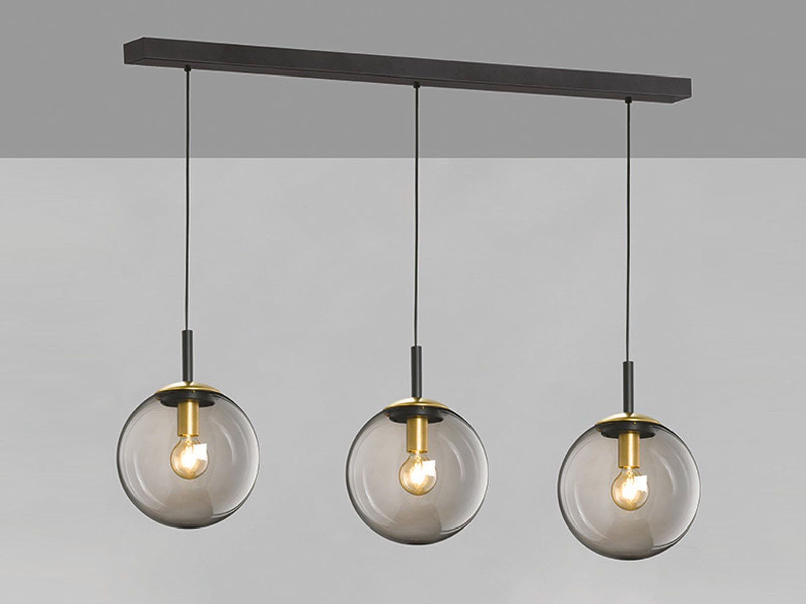 FISCHER & HONSEL LED Pendelleuchte, Dimmfunktion, LED wechselbar, Warmweiß, Balkenlampe mit 3x Rauchglas Glas-kugel für über-n Esstisch hängend