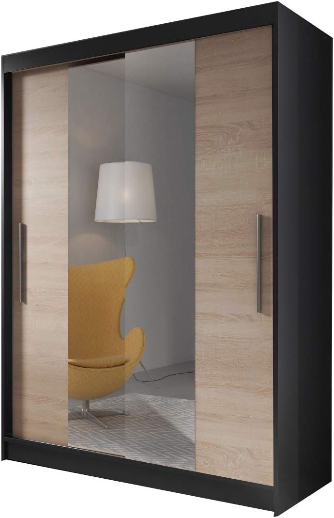 MOEBLO Kleiderschrank LARA 01 (mit Spiegel Schwebetürenschrank 2-türig Schrank mit vielen Einlegeböden und Kleiderstange, Gaderobe Schiebtüren Schlafzimmer-Wohnzimmerschrank Modern Design) (BxHxT): 150x200x61 cm Schwarz + Sonoma