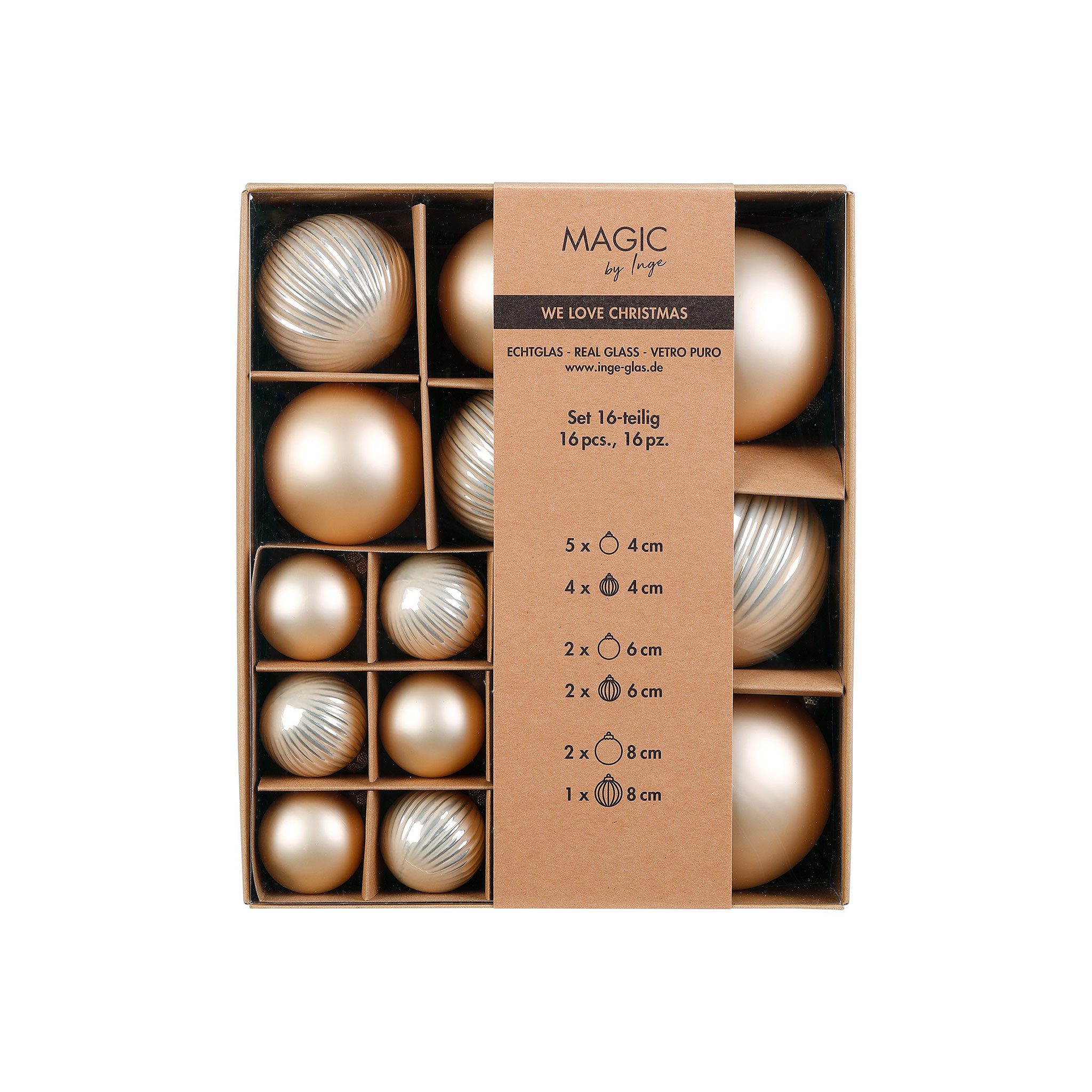 MAGIC by Inge Weihnachtsbaumkugel, Новогодние шары Glas 4-8cm Mix gerillt 16er Set - Champagner