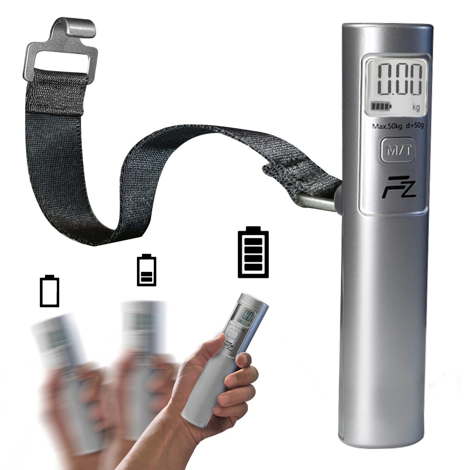 FLOWZOOM Kofferwaage SHAKEE - Kofferwaage batterielos - Kofferwaage digital mit Haken, Tragkraft 50,00 kg, Gepäckwage - Tragbare digitale Waage arbeitet mit kinetischer Energie