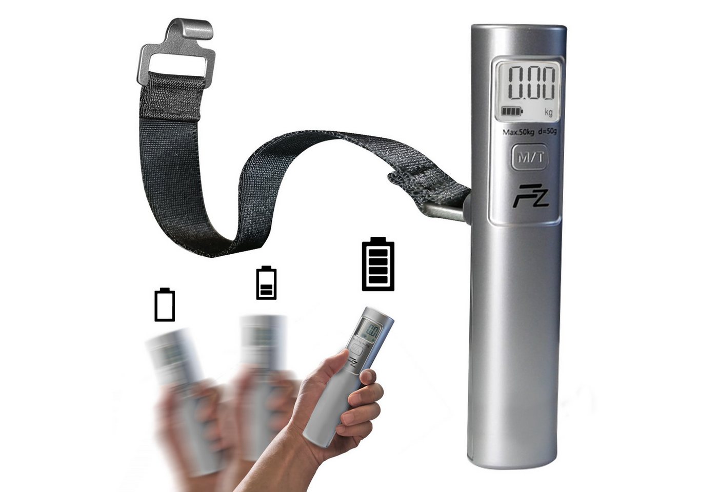 FLOWZOOM Kofferwaage SHAKEE Kofferwaage batterielos – Digitale Gepäckwaage bis 50 kg, Tragkraft 50,00 kg, Gepäckwage - Tragbare digitale Waage arbeitet mit kinetischer Energie