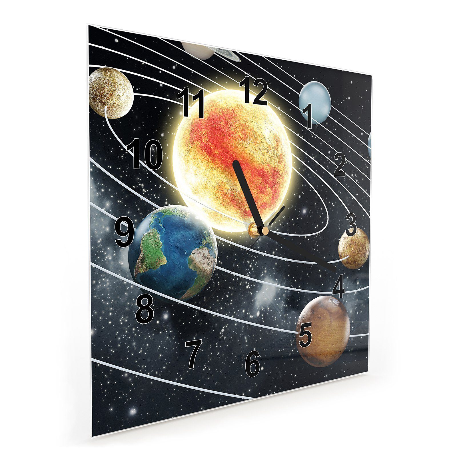 Motiv mit Wanduhr Glasuhr Größe Solarsystem Wanduhr x 30 30 Wandkunst Primedeco cm