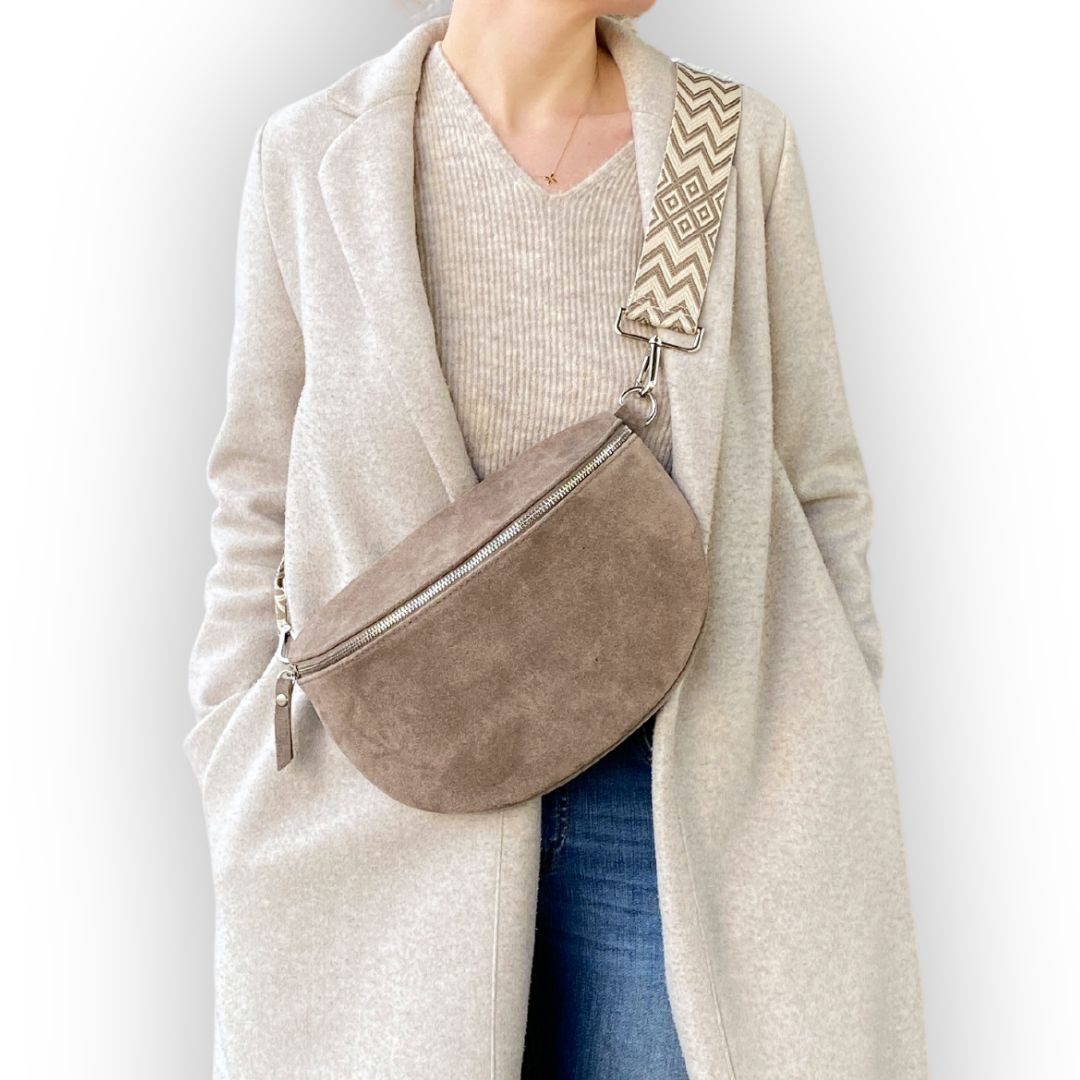 MAONI Bauchtasche Wildleder Dunkeltaupe mit 2x Gurten, echt Leder, hochwertige Ledertasche gefertigt in Italien