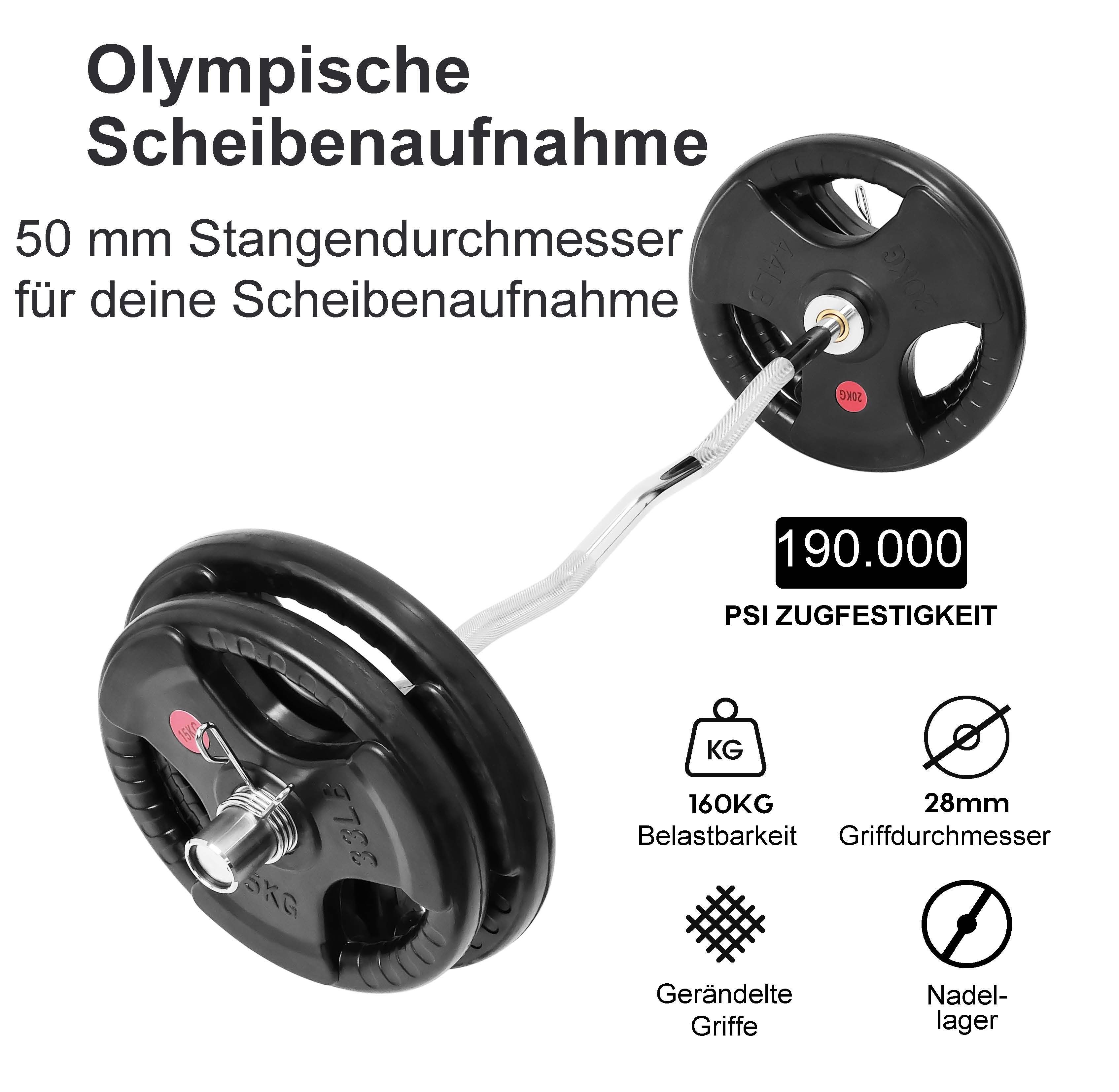 Curl Stange Rollen SZ Stahl Eigengewicht Langhantelstange Stahl, bis Aufnahme 160kg, I wuuhoo 120cm gerändeltem mit 50mm Griff und Hantelstange 10kg olympische I mit cm, Curlstange verchromt gelagert Greg 120 28mm