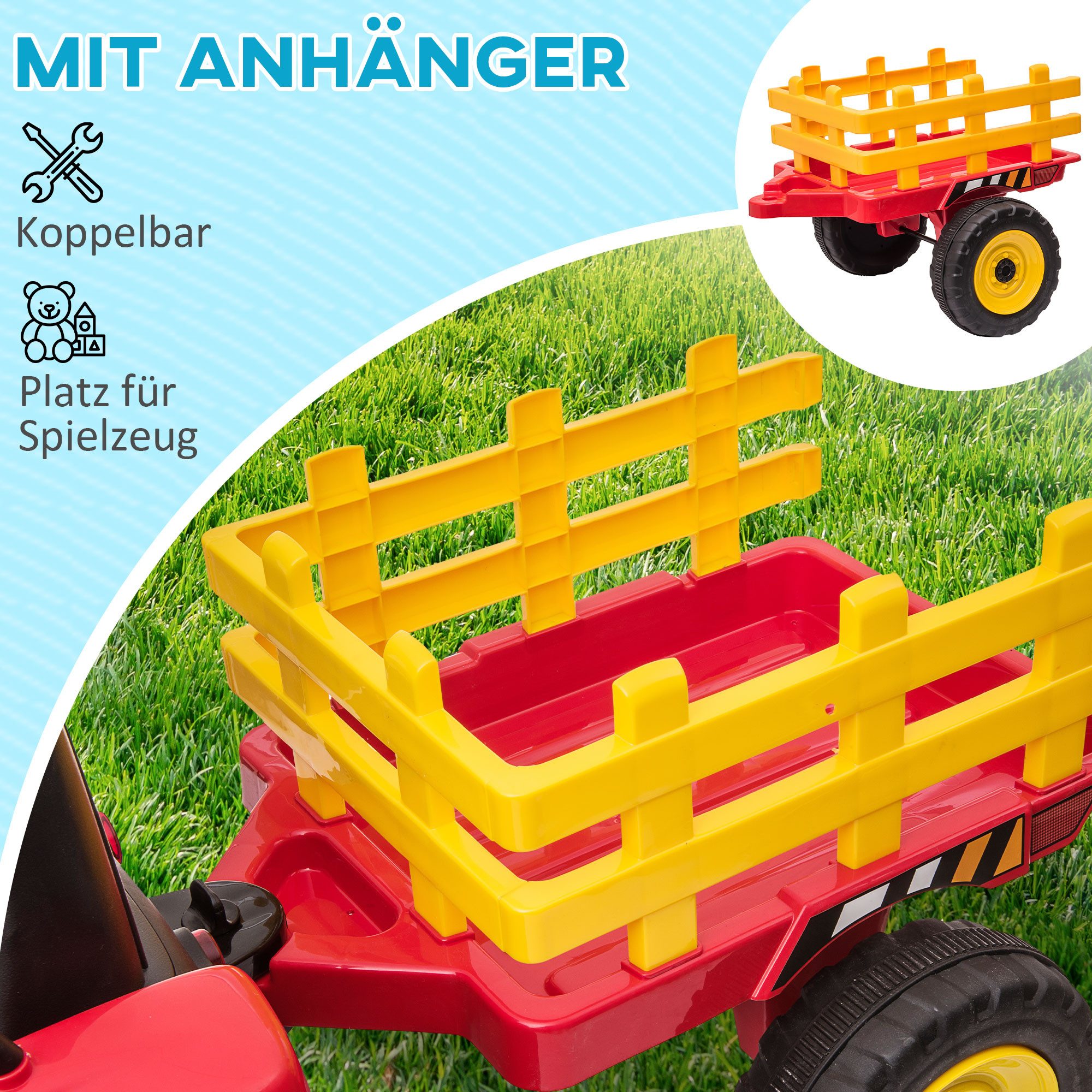 HOMCOM Elektro-Kinderauto Elektrischer Traktor, mit Anhänger, mit Fernbedienung, Belastbarkeit 30 kg, (2-tlg), für 3-6 Jahre Kinder, Rot – Bild 4 von 5