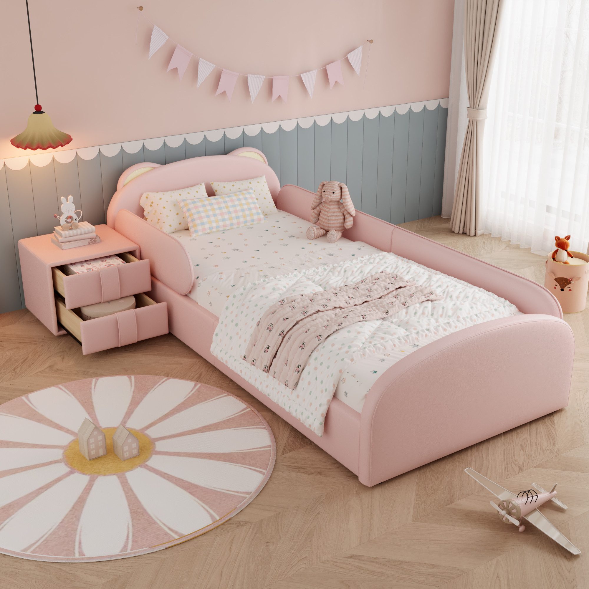 Flieks Polsterbett, Kinderbett Einzelbett 90x200cm Bärenform-Kopfteil mit Nachttisch