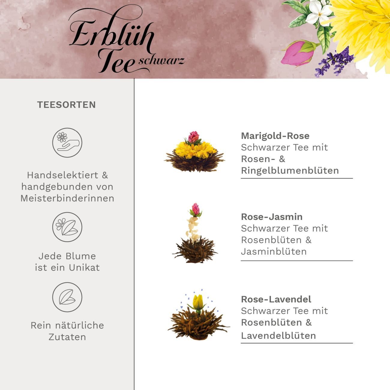 Creano Tee ErblühTee-Geschenkset mit Glaskanne, Schwarztee (6 Teerosen/3 Sorten), 1 x 6 St.