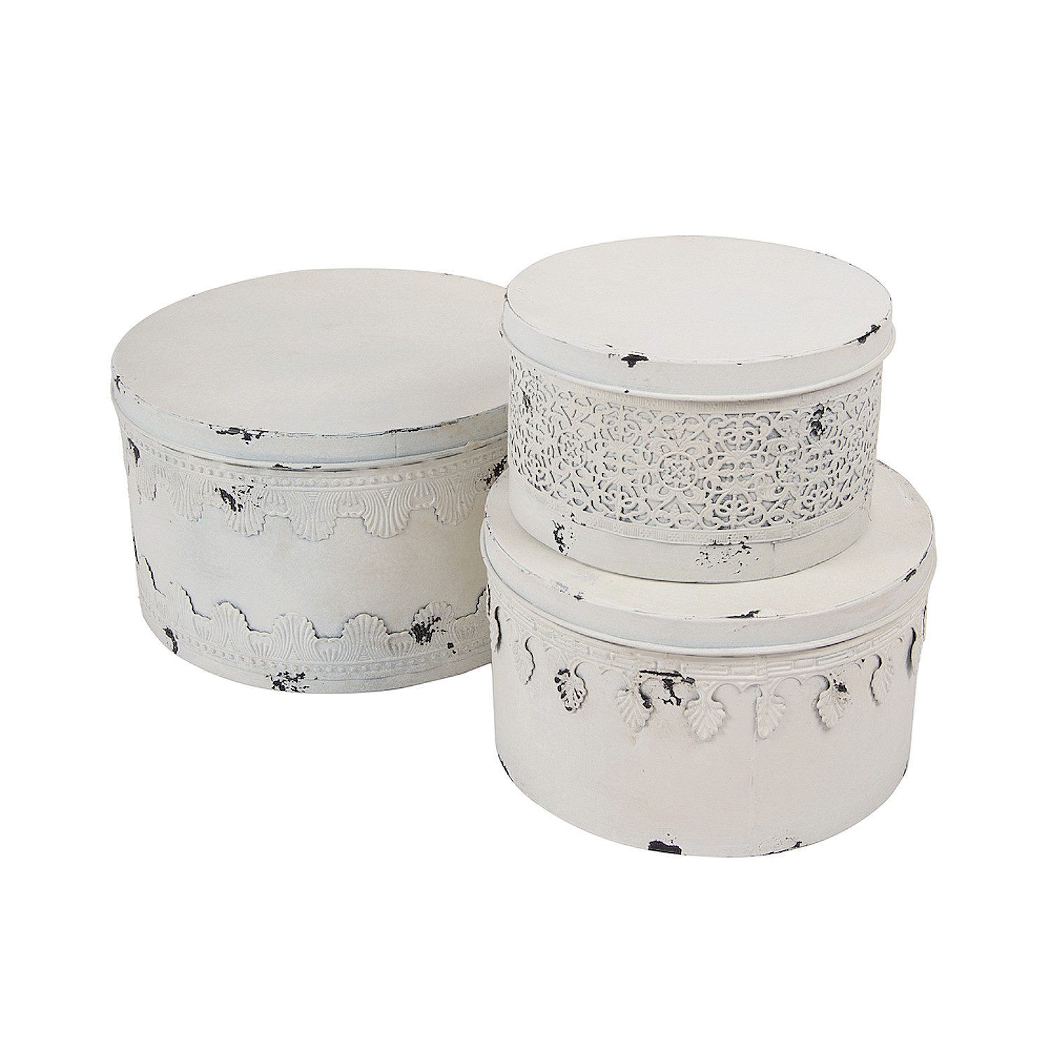 Macosa Home Dekoobjekt Deko Dosen 3er Set Antikweiß Metall Shabby Chick (Box, 3 St., Aufbewahrungsdosen mit Deckel Dekobox), Vintage Aufbewahrung rund mit filigranem Muster