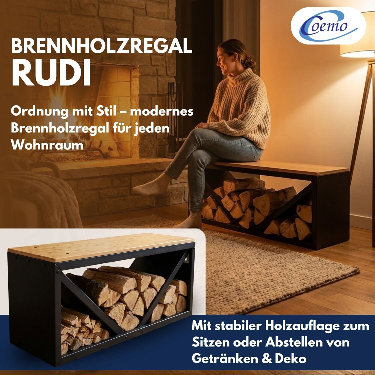 Coemo Kaminholzregal RUDI, (1-St), Schwarz Kaminholzlager Brennholzregal Ofenbank Holzstapelhilfe Metall