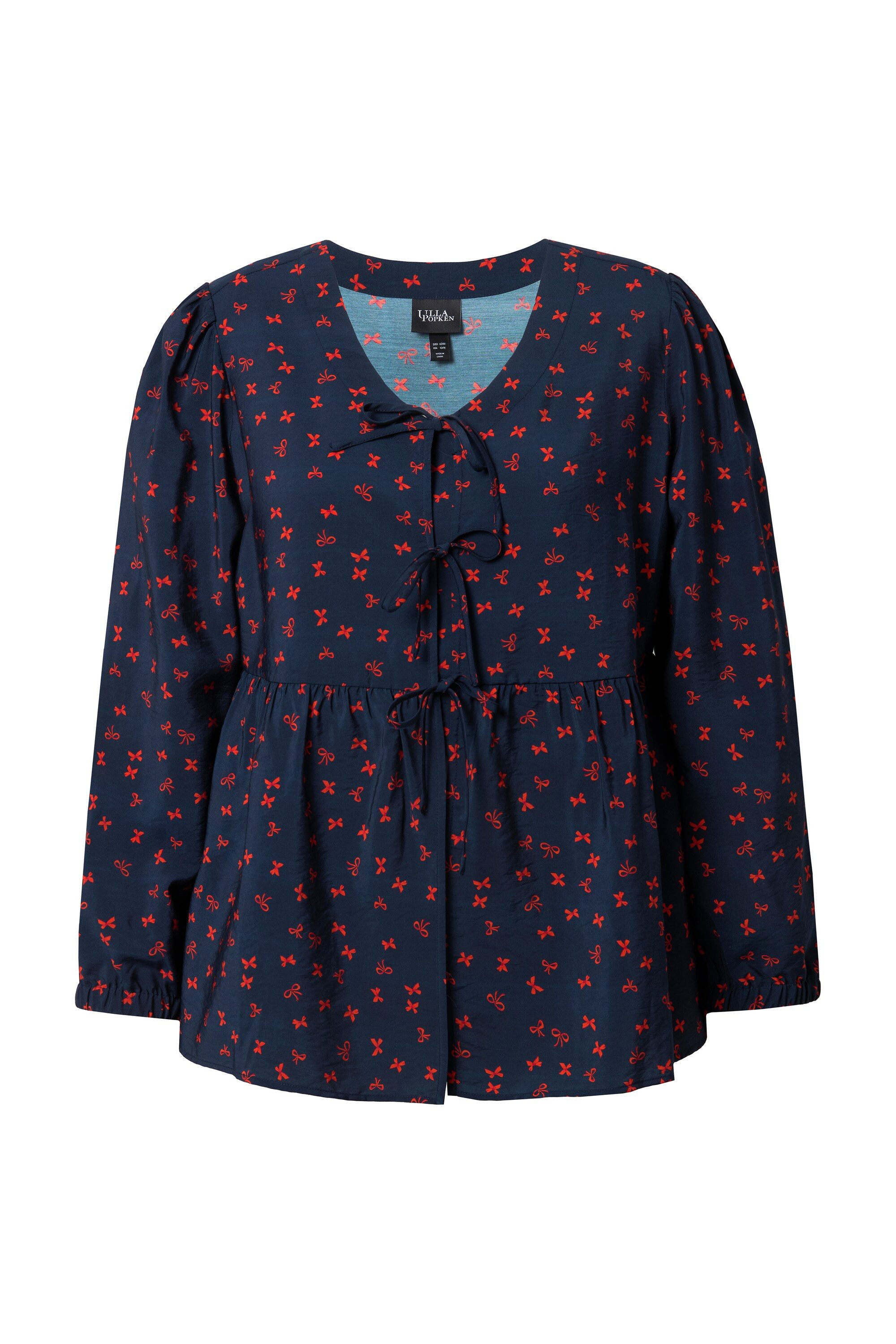 Satinbluse Bluse Schleifen A-Linie V-Ausschnitt Langarm