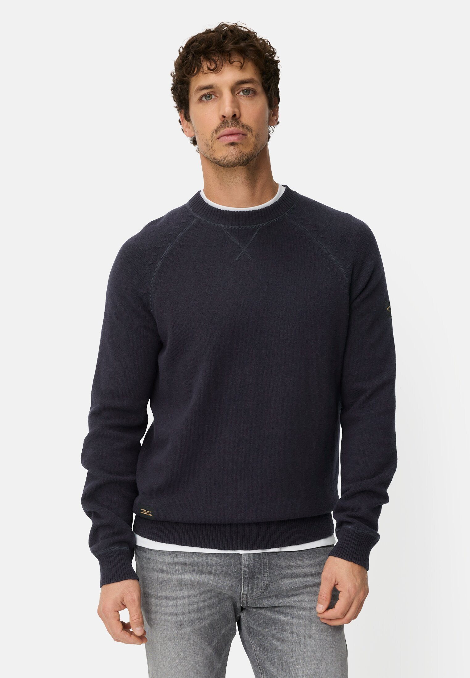 camel active Strickpullover mit Rundhalsausschnitt Langarm Markenlogo