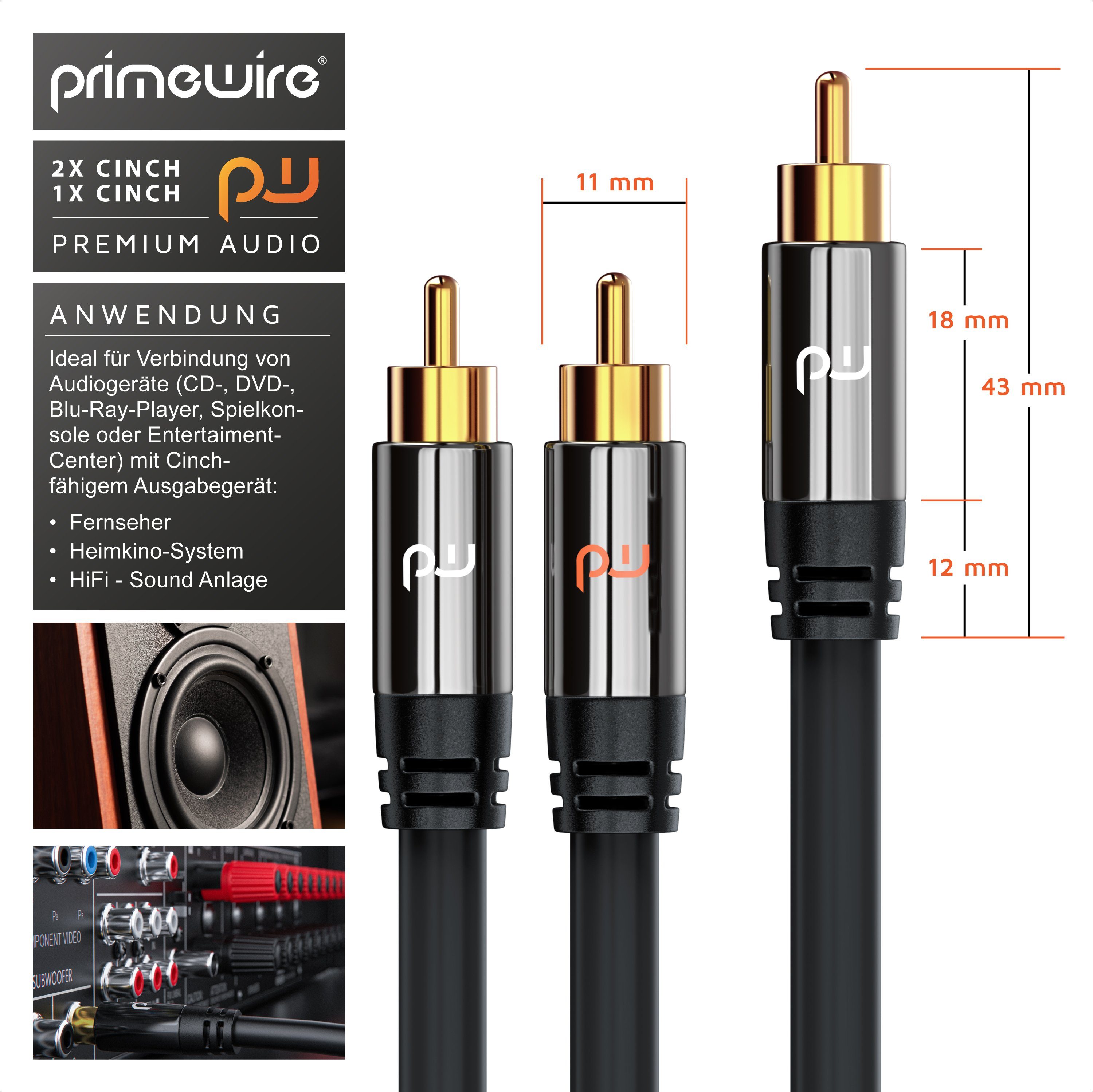 Primewire Audio-Kabel, Cinch, RCA (750 cm), Y-Cinch HiFi Audio-Kabel mehrfach geschirmt - 7,5m