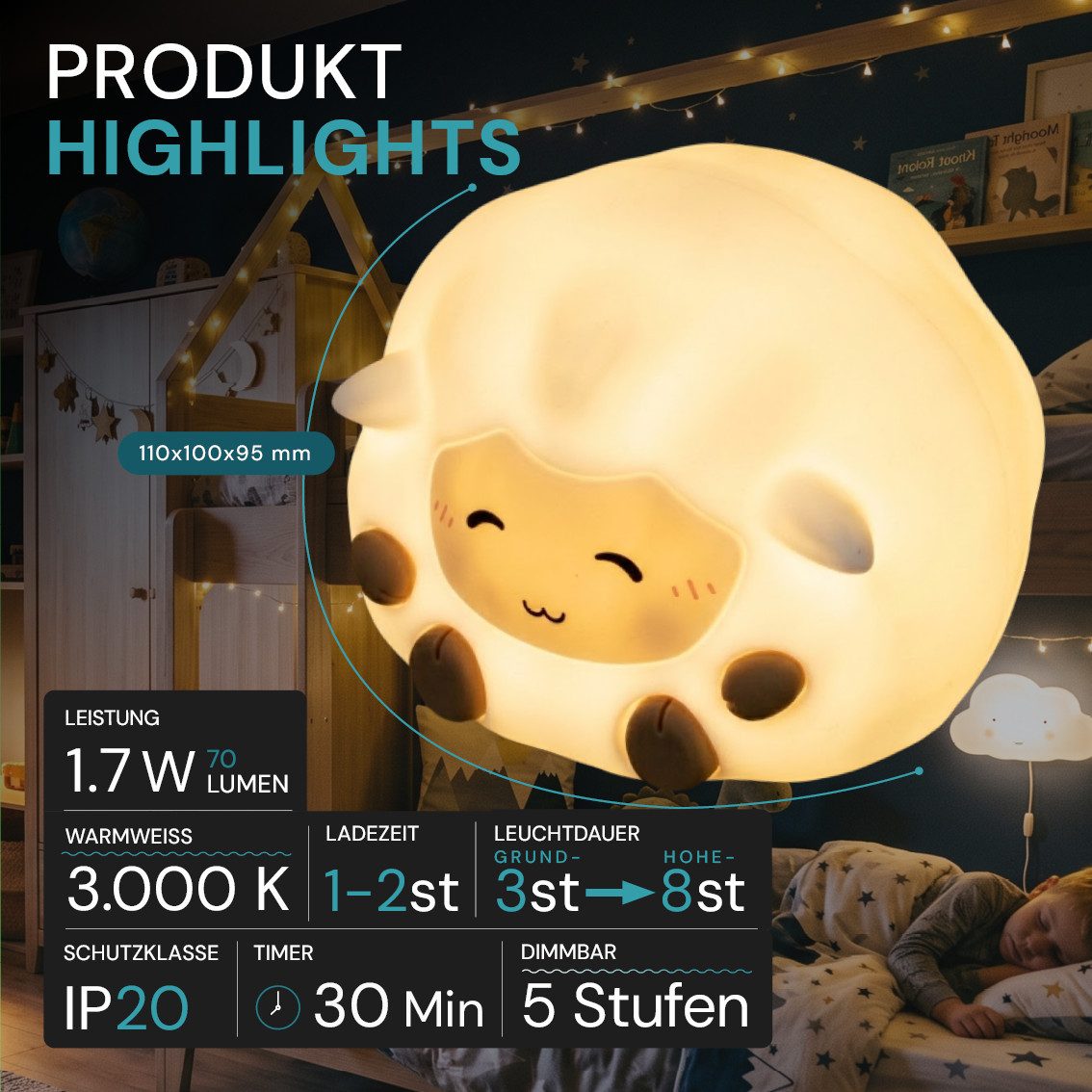 LUXULA LED Nachttischlampe LED-Nachtlicht, LED fest integriert, 1,7W Kinderlampe Weiß aus Silikon durch Drücken dimmbar mit Akku