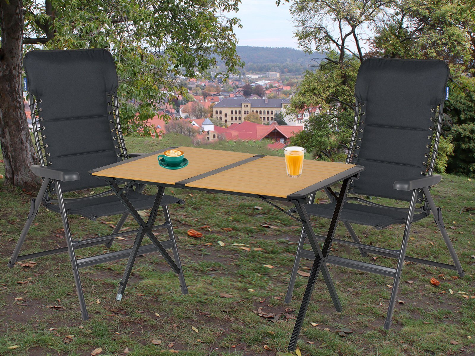 Setpoint Campingstuhl, Campingtisch mit 2 Stühlen Hochlehner klappbar  Outdoor-Tisch Rolltisch, Gartentisch Bambusoptik