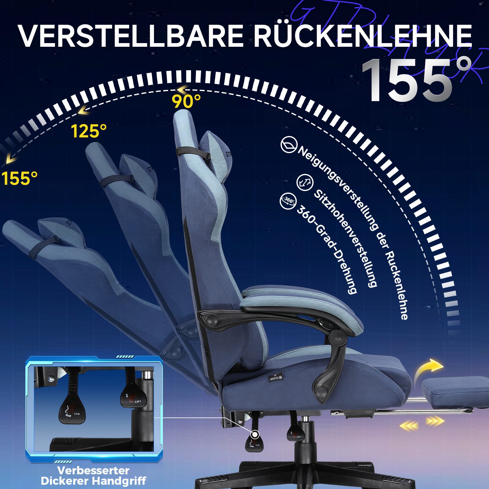 GTPLAYER Gaming-Stuhl Stoff Gaming Chair Ergonomisch Bürostuh PC Stuhl, 150kg Belastbarkeit, Schreibtischstuh mit Federsitzkissen und Fußstütze – Bild 2 von 5
